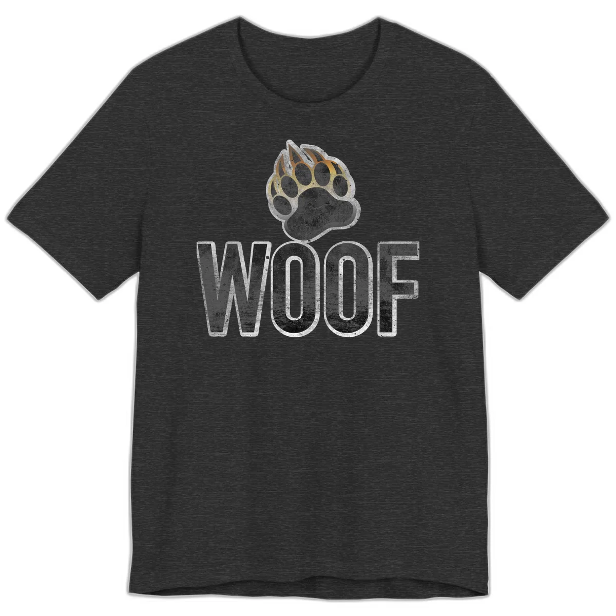 Woof paw print fire design: large paw with orange and gold flame claws above distressed 'WOOF' text in Dark Grey Heather