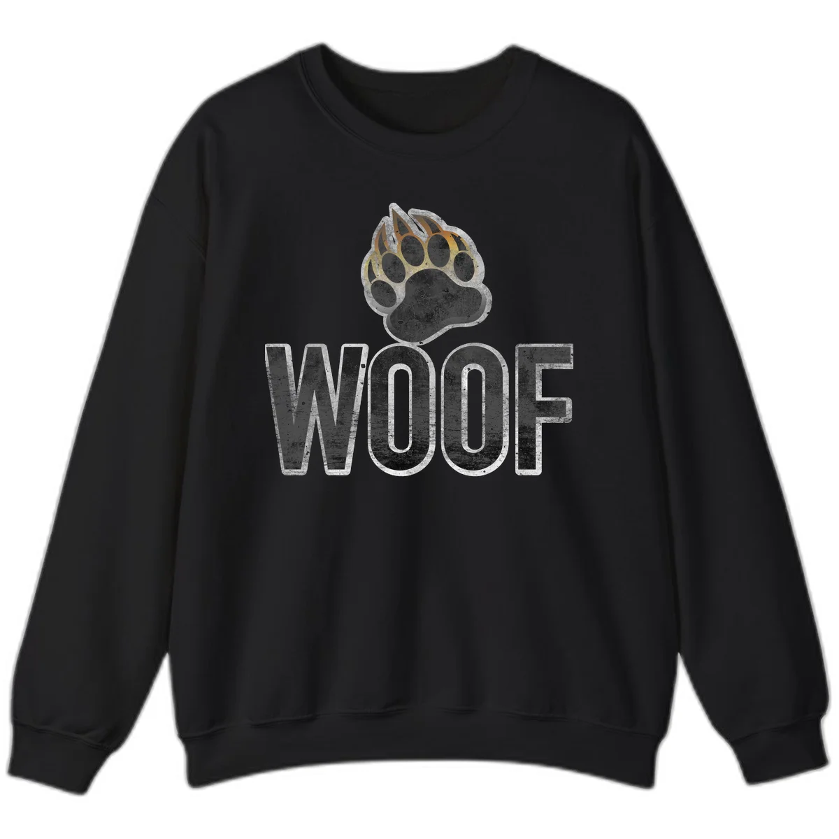 Woof paw print fire design: large paw with orange and gold flame claws above distressed 'WOOF' text in Black