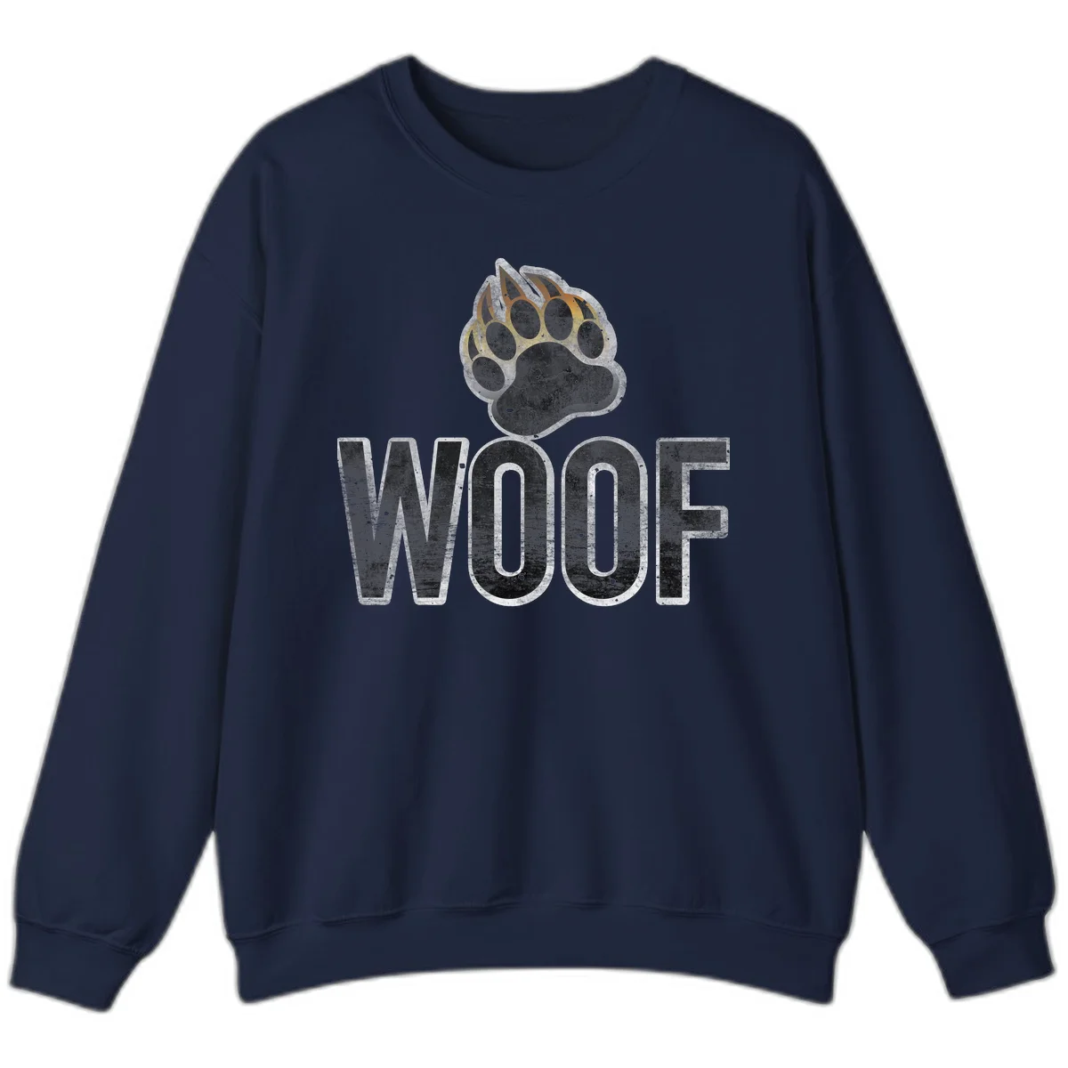 Woof paw print fire design: large paw with orange and gold flame claws above distressed 'WOOF' text in Navy