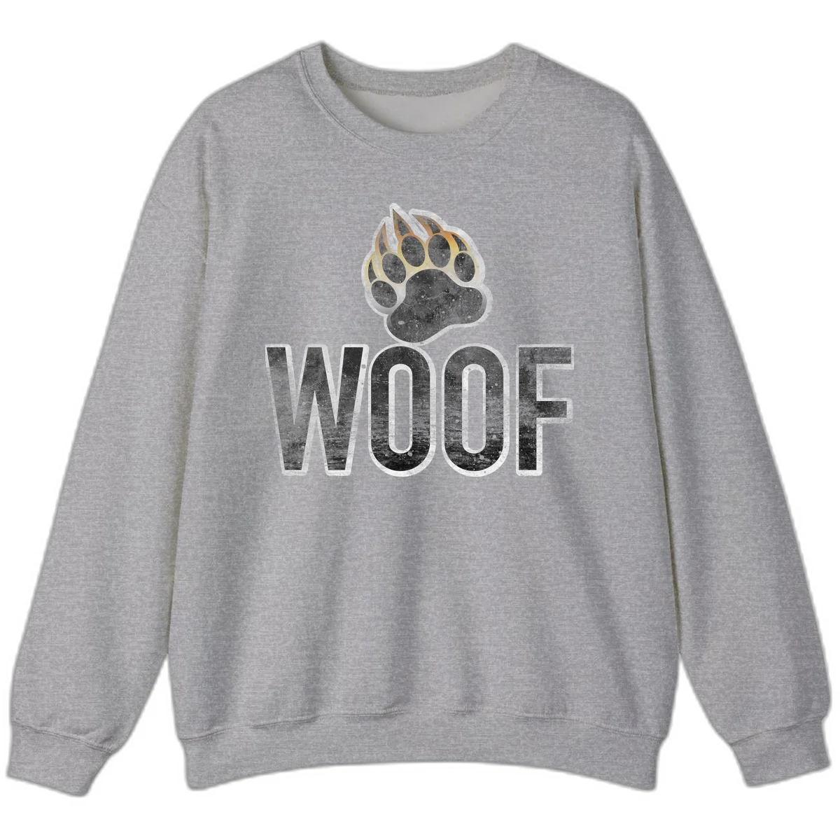 Woof paw print fire design: large paw with orange and gold flame claws above distressed 'WOOF' text in Sport Grey