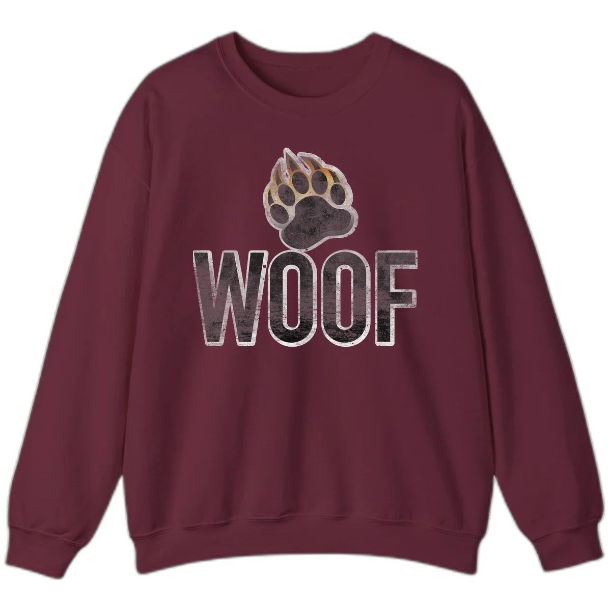 Woof paw print fire design: large paw with orange and gold flame claws above distressed 'WOOF' text in Maroon