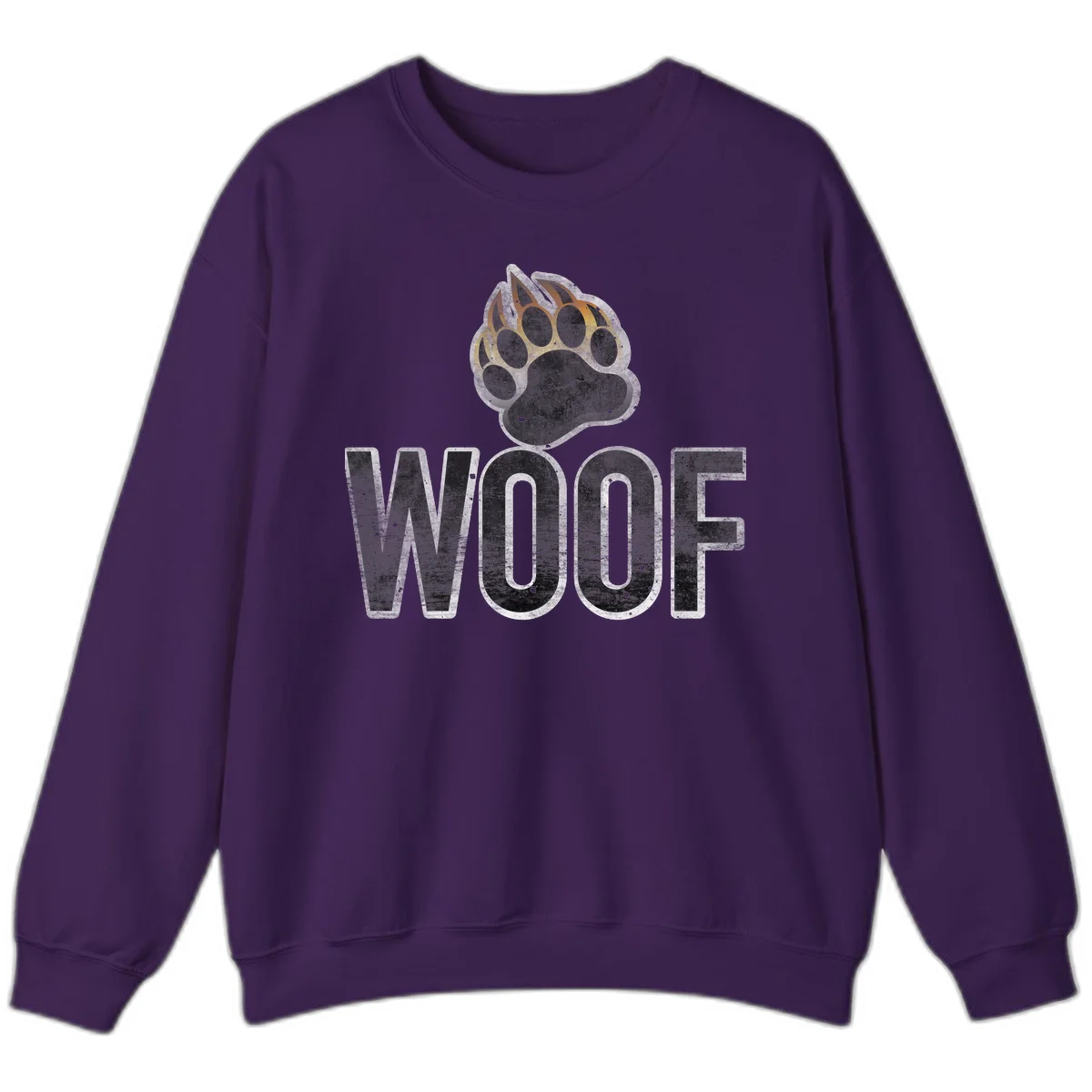 Woof paw print fire design: large paw with orange and gold flame claws above distressed 'WOOF' text in Purple