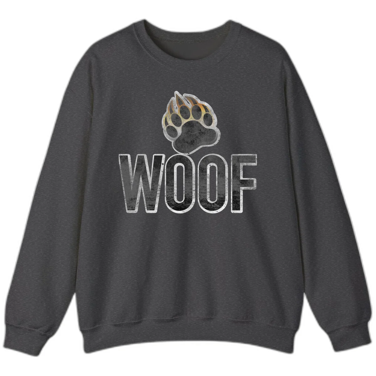 Woof paw print fire design: large paw with orange and gold flame claws above distressed 'WOOF' text in Dark Heather
