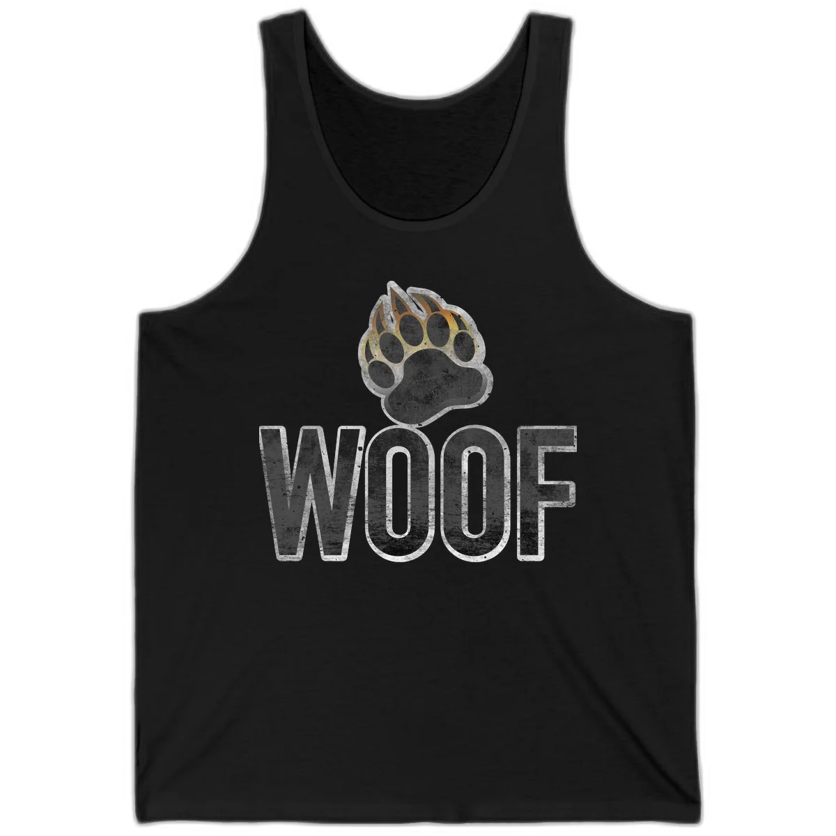 Woof paw print fire design: large paw with orange and gold flame claws above distressed 'WOOF' text in Black