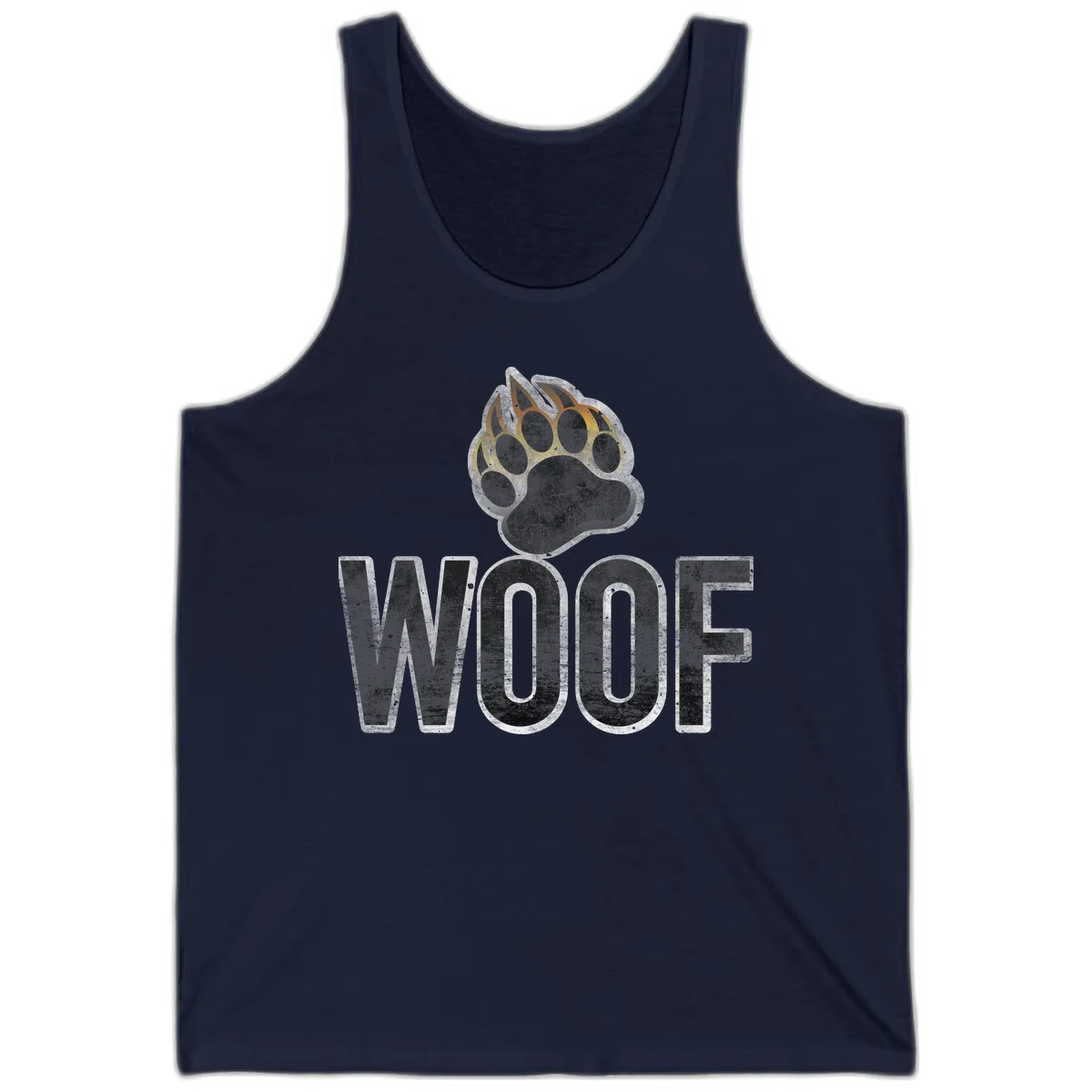 Woof paw print fire design: large paw with orange and gold flame claws above distressed 'WOOF' text in Navy