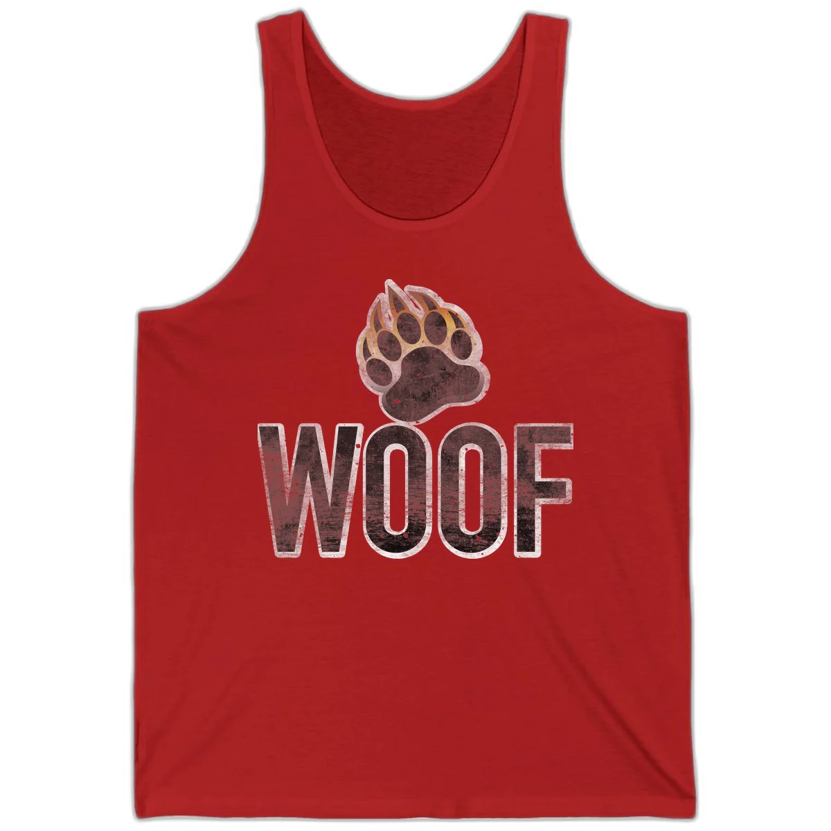 Woof paw print fire design: large paw with orange and gold flame claws above distressed 'WOOF' text in Red