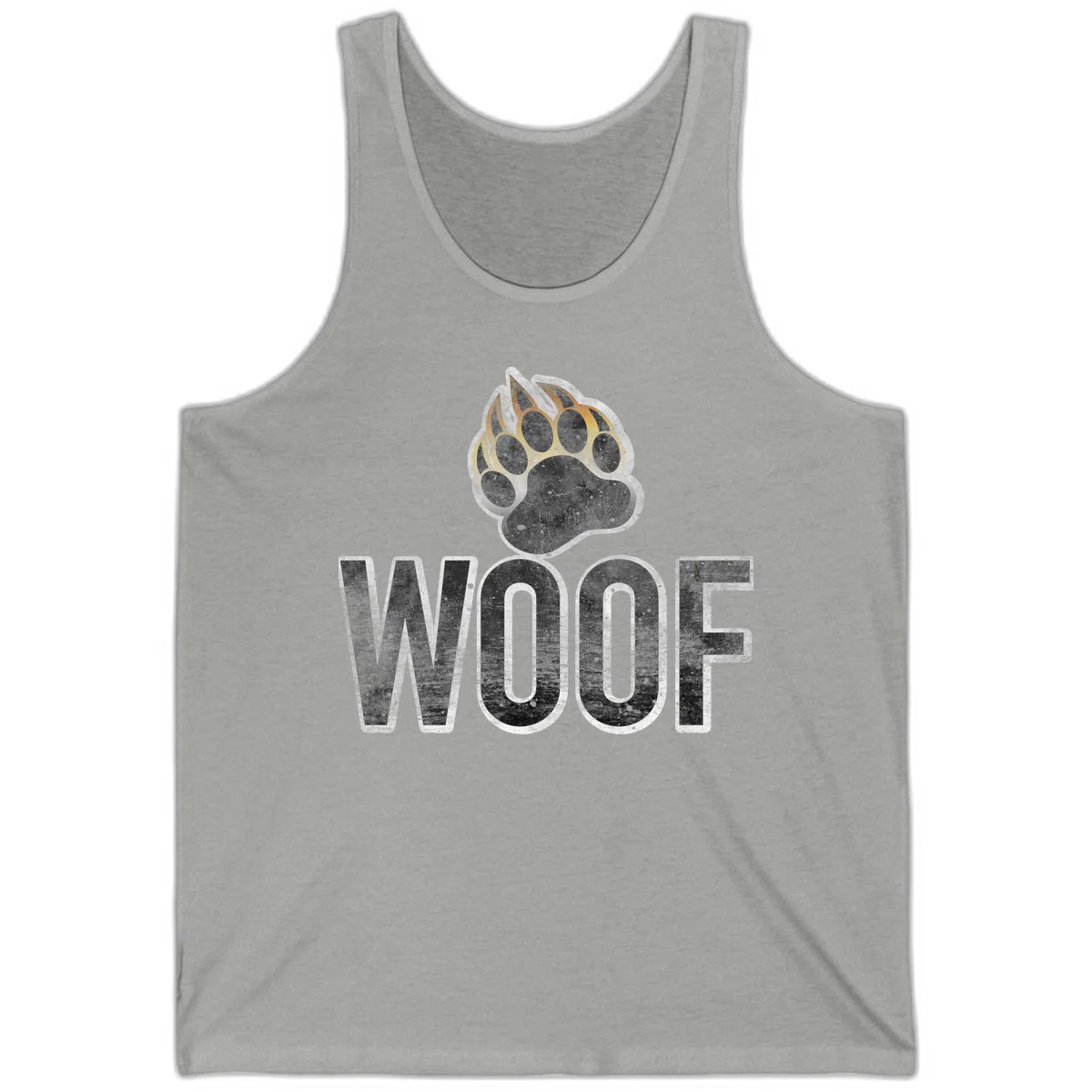 Woof paw print fire design: large paw with orange and gold flame claws above distressed 'WOOF' text in Athletic Heather