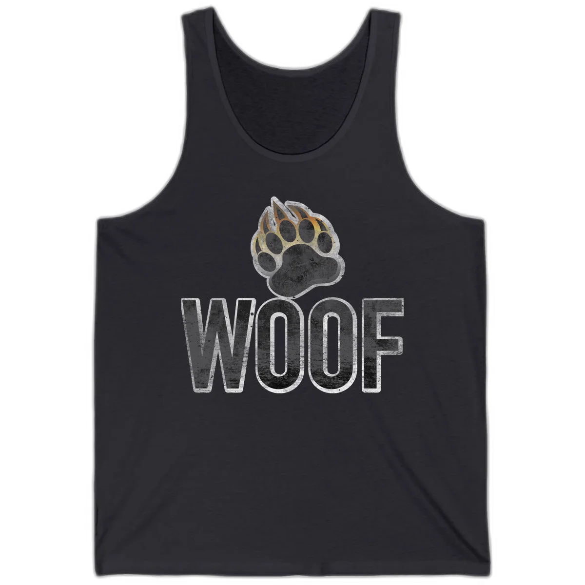 Woof paw print fire design: large paw with orange and gold flame claws above distressed 'WOOF' text in Dark Grey