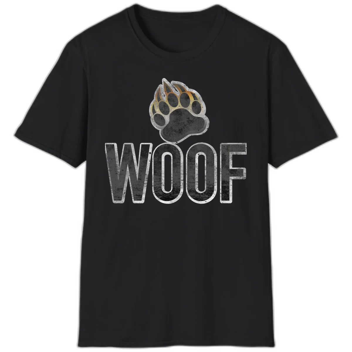 Woof paw print fire design: large paw with orange and gold flame claws above distressed 'WOOF' text in Black