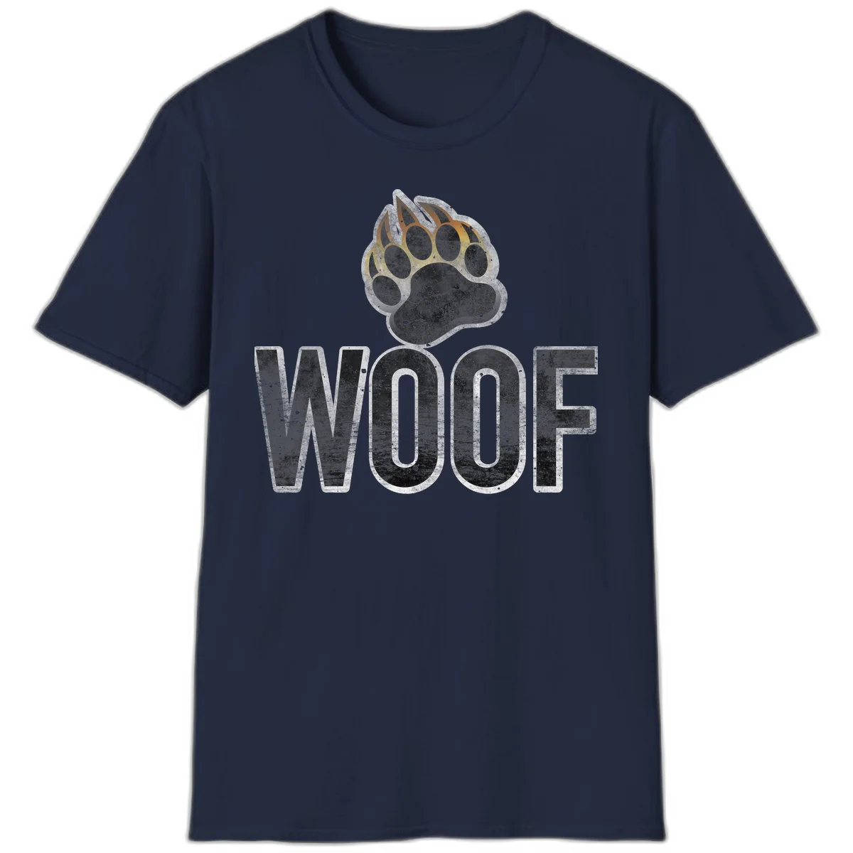 Woof paw print fire design: large paw with orange and gold flame claws above distressed 'WOOF' text in Navy