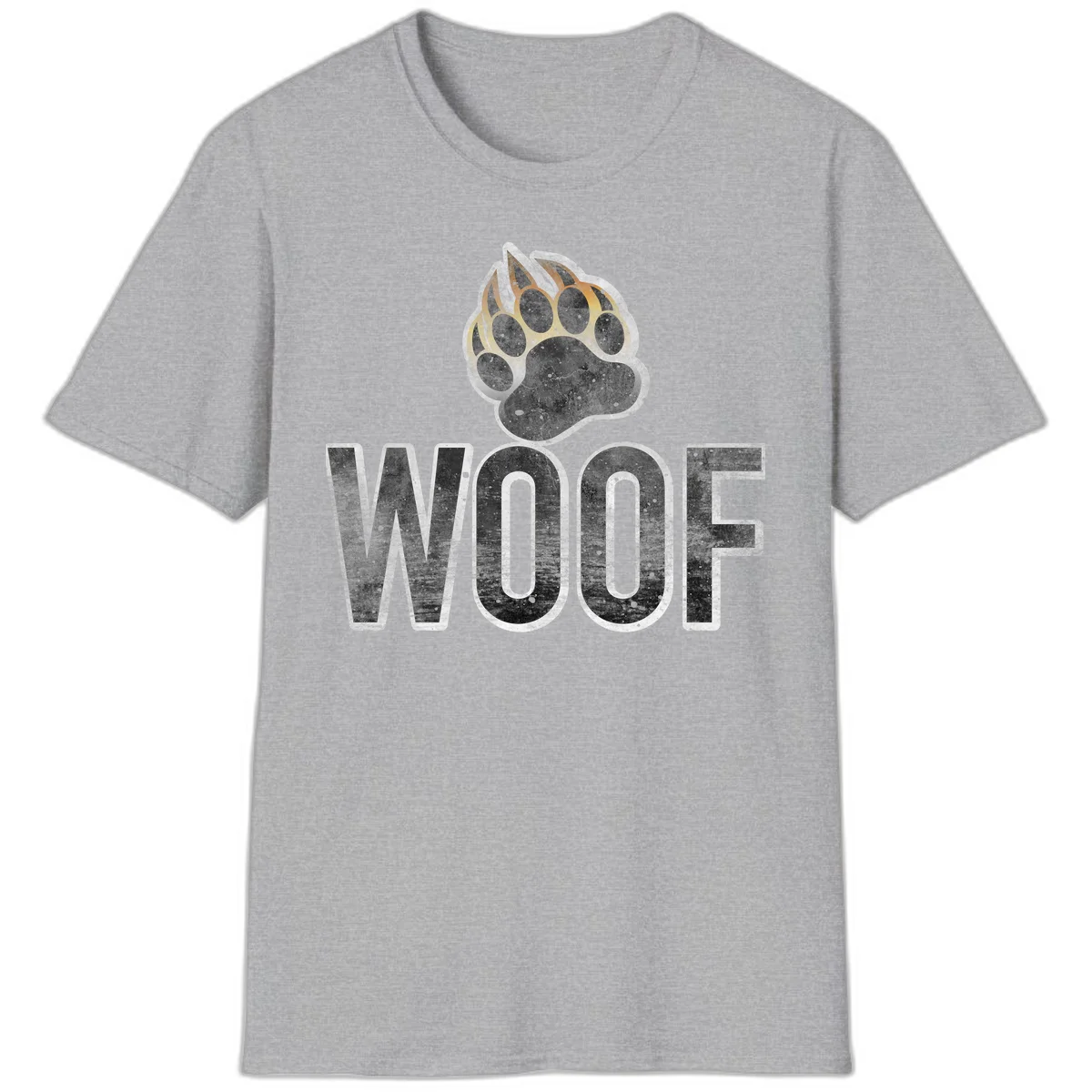 Woof paw print fire design: large paw with orange and gold flame claws above distressed 'WOOF' text in Sport Grey