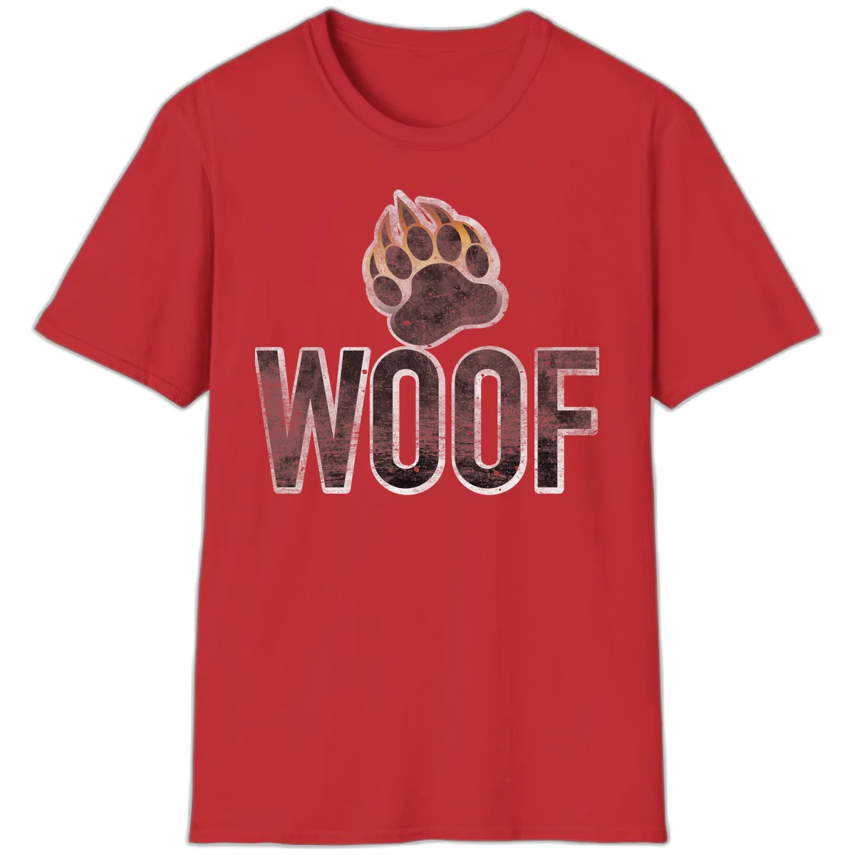 Woof paw print fire design: large paw with orange and gold flame claws above distressed 'WOOF' text in Red