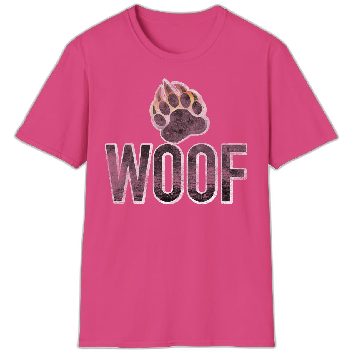Woof paw print fire design: large paw with orange and gold flame claws above distressed 'WOOF' text in Heliconia