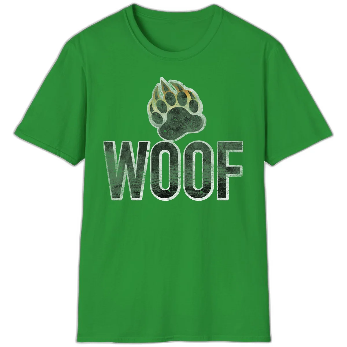 Woof paw print fire design: large paw with orange and gold flame claws above distressed 'WOOF' text in Irish Green