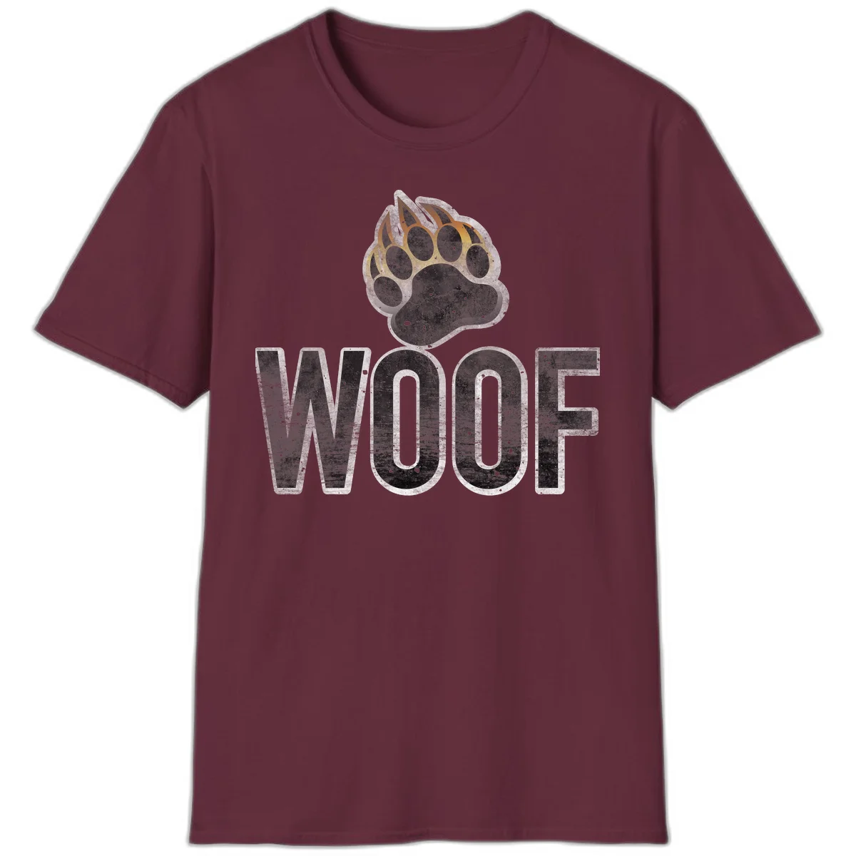 Woof paw print fire design: large paw with orange and gold flame claws above distressed 'WOOF' text in Maroon