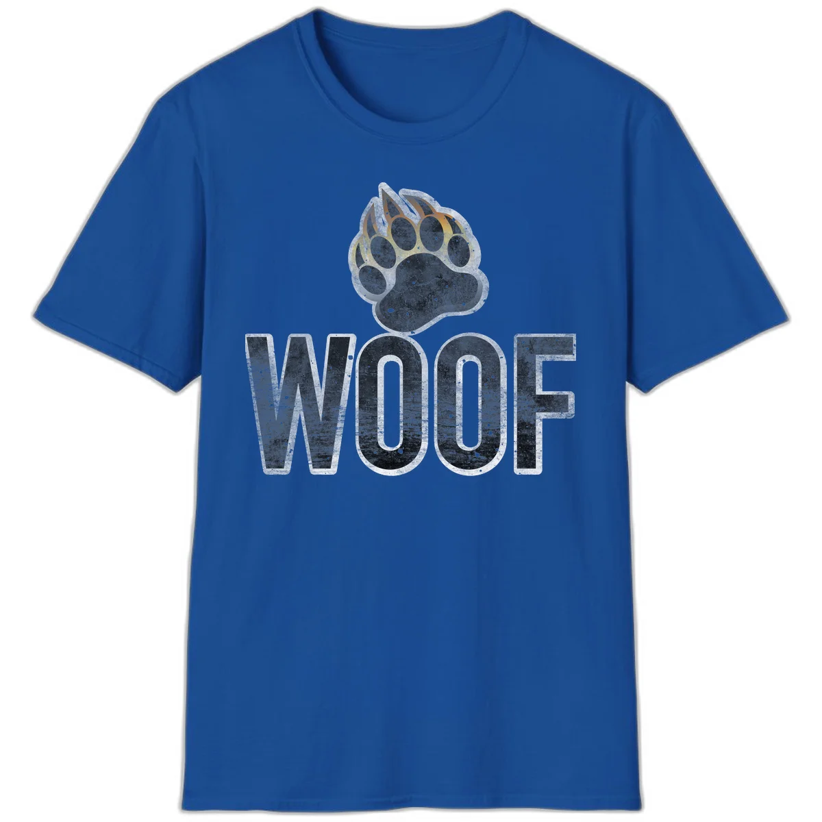 Woof paw print fire design: large paw with orange and gold flame claws above distressed 'WOOF' text in Royal