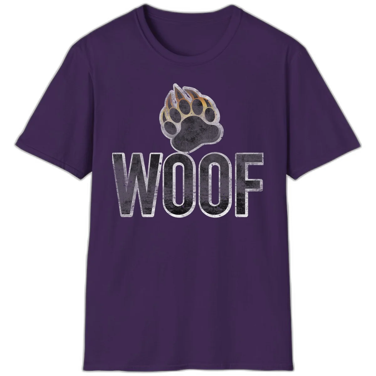 Woof paw print fire design: large paw with orange and gold flame claws above distressed 'WOOF' text in Purple
