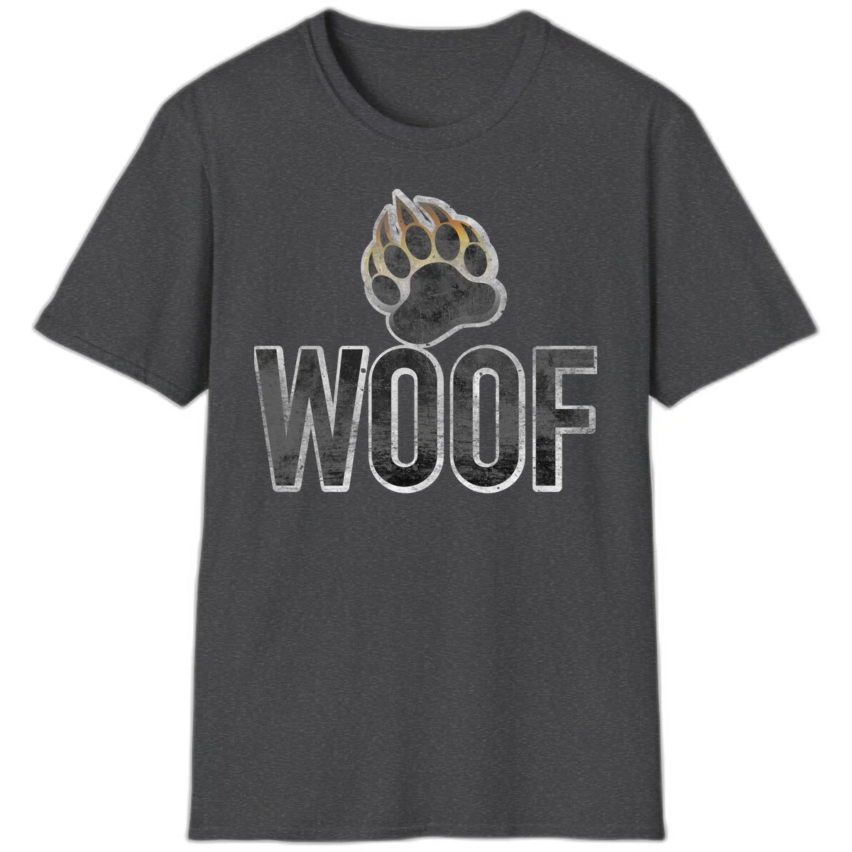 Woof paw print fire design: large paw with orange and gold flame claws above distressed 'WOOF' text in Dark Heather
