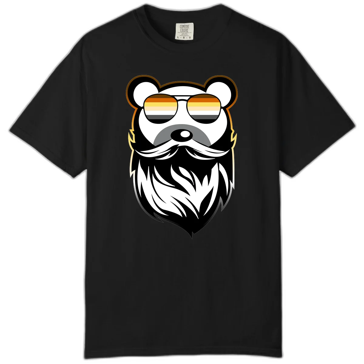 Bear pride sunglasses illustration: a bearded bear character wearing oversized shades filled with pride flag rainbow stripes in Black