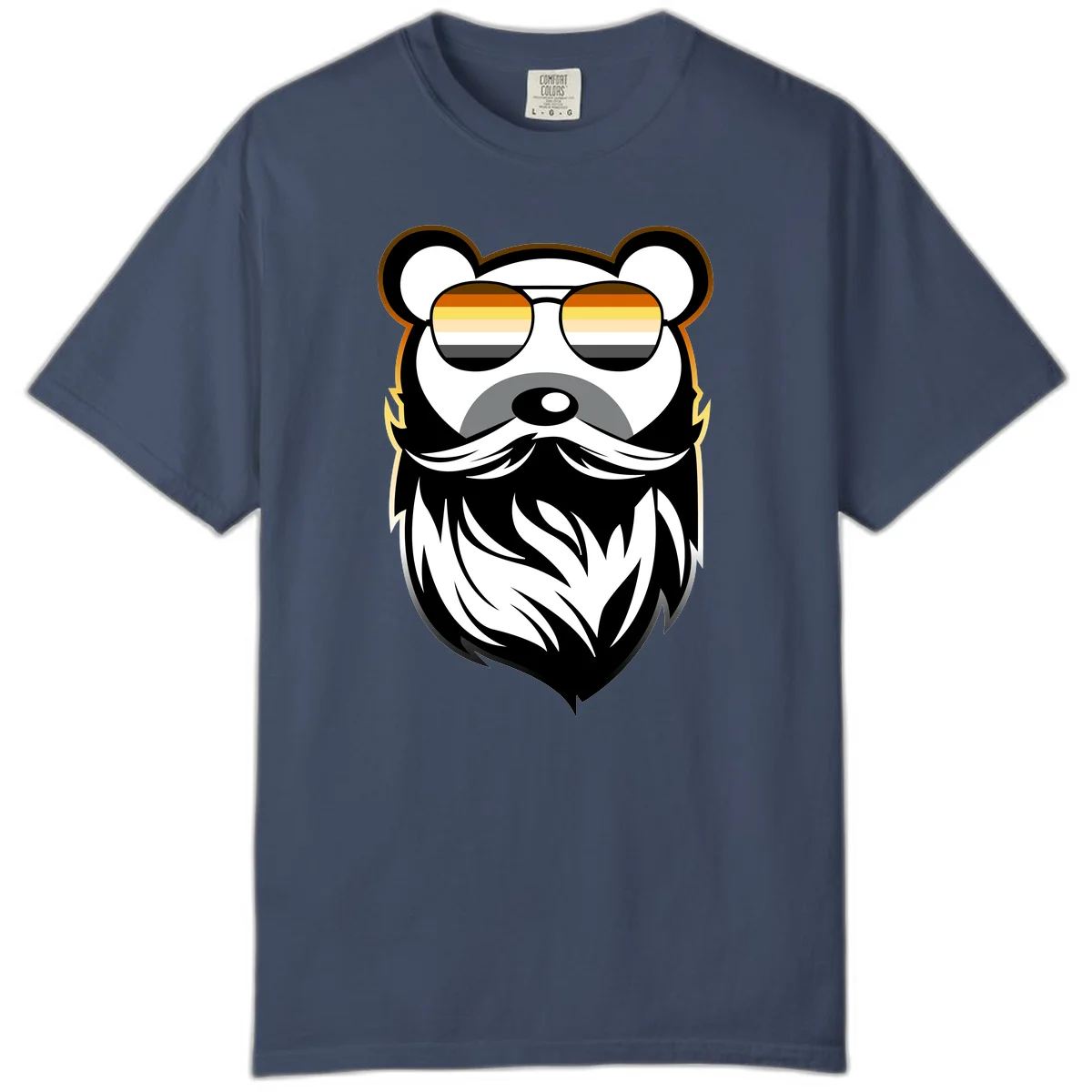 Bear pride sunglasses illustration: a bearded bear character wearing oversized shades filled with pride flag rainbow stripes in Midnight