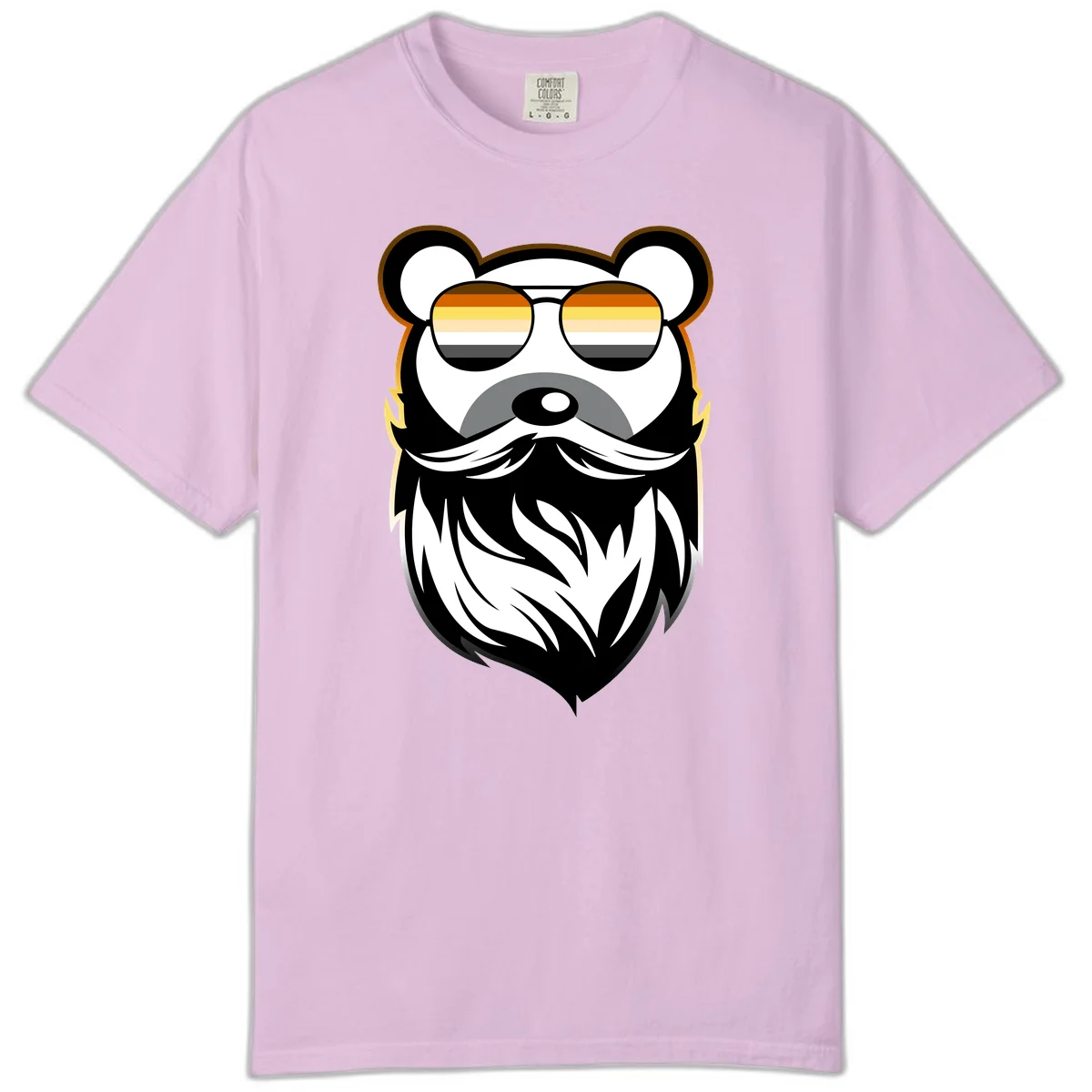 Bear pride sunglasses illustration: a bearded bear character wearing oversized shades filled with pride flag rainbow stripes in Orchid