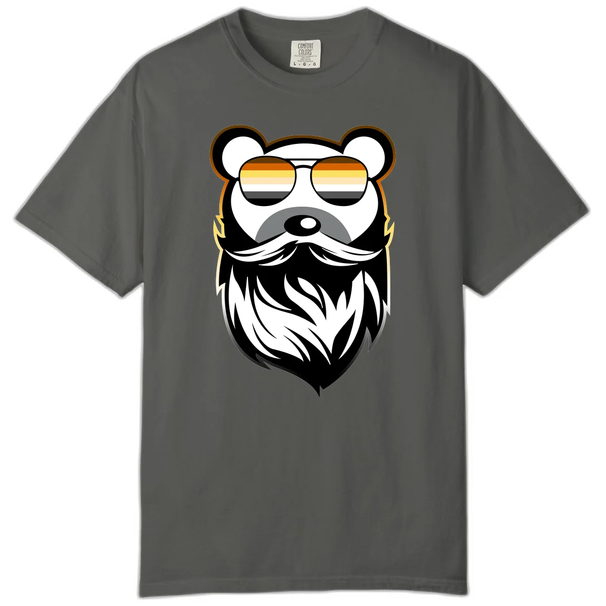 Bear pride sunglasses illustration: a bearded bear character wearing oversized shades filled with pride flag rainbow stripes in Pepper