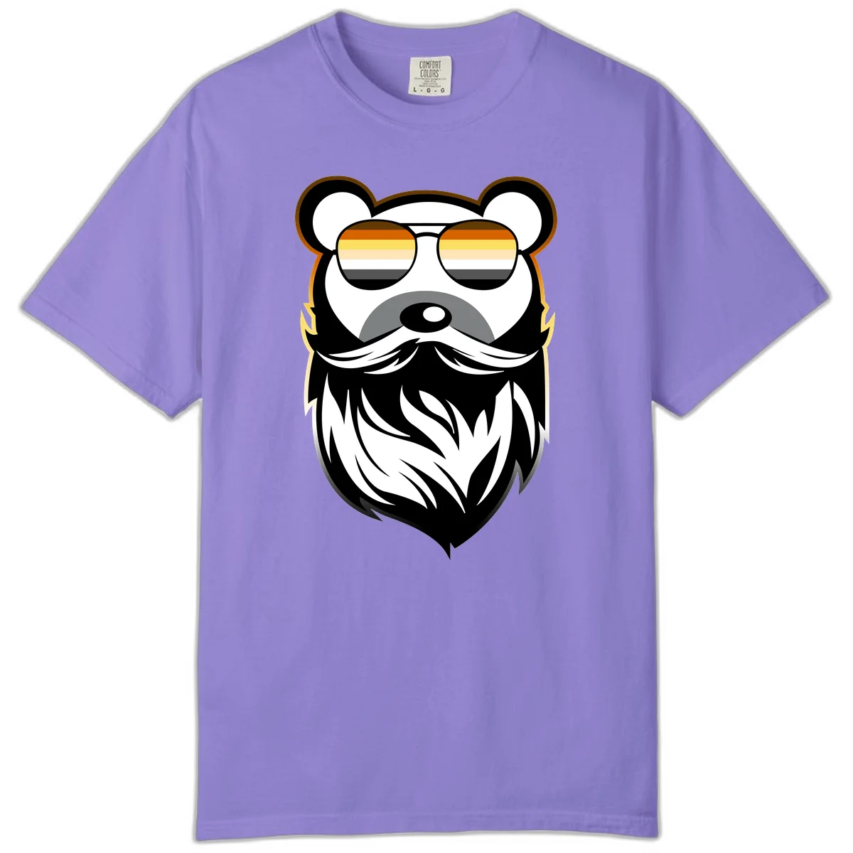 Bear pride sunglasses illustration: a bearded bear character wearing oversized shades filled with pride flag rainbow stripes in Violet