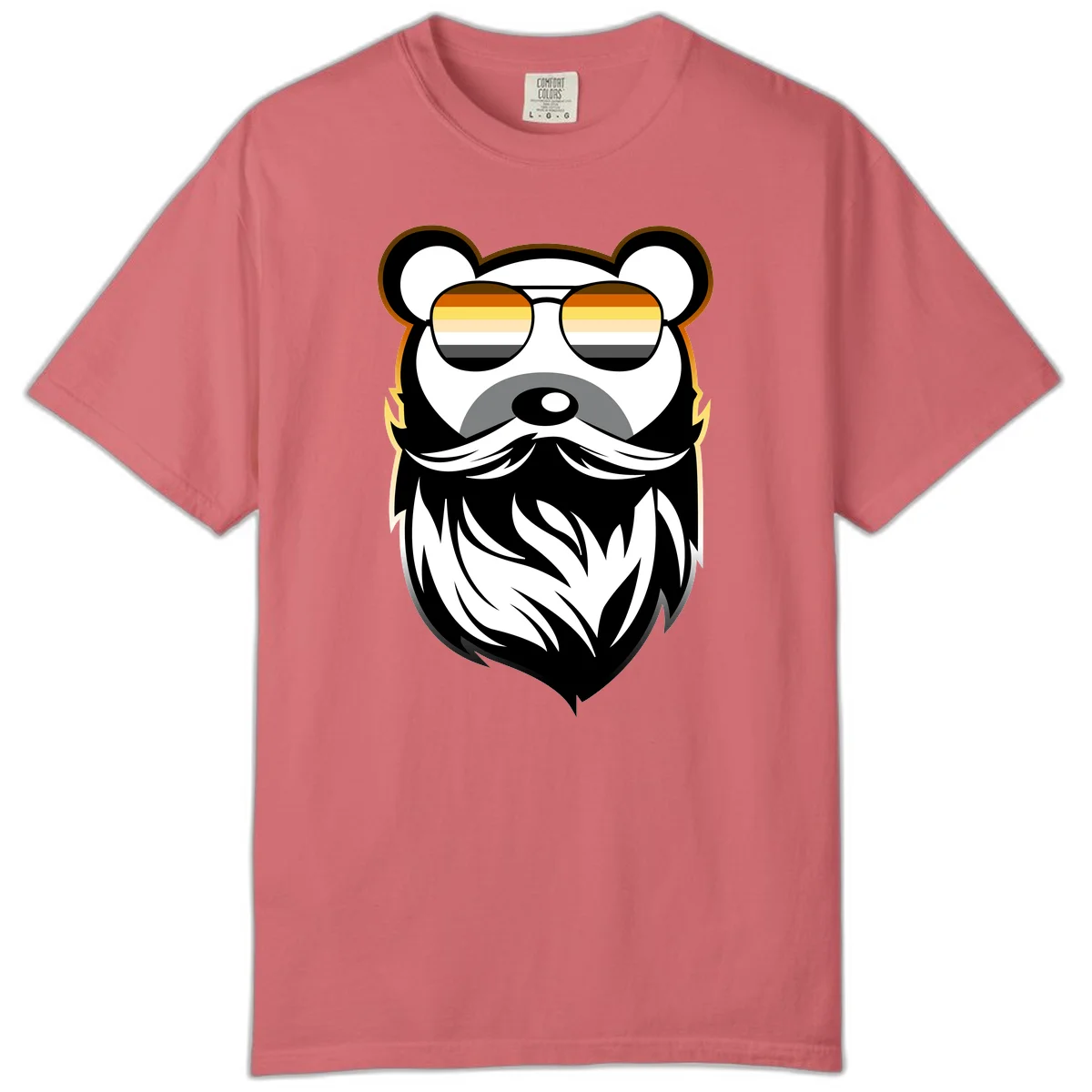 Bear pride sunglasses illustration: a bearded bear character wearing oversized shades filled with pride flag rainbow stripes in Watermelon