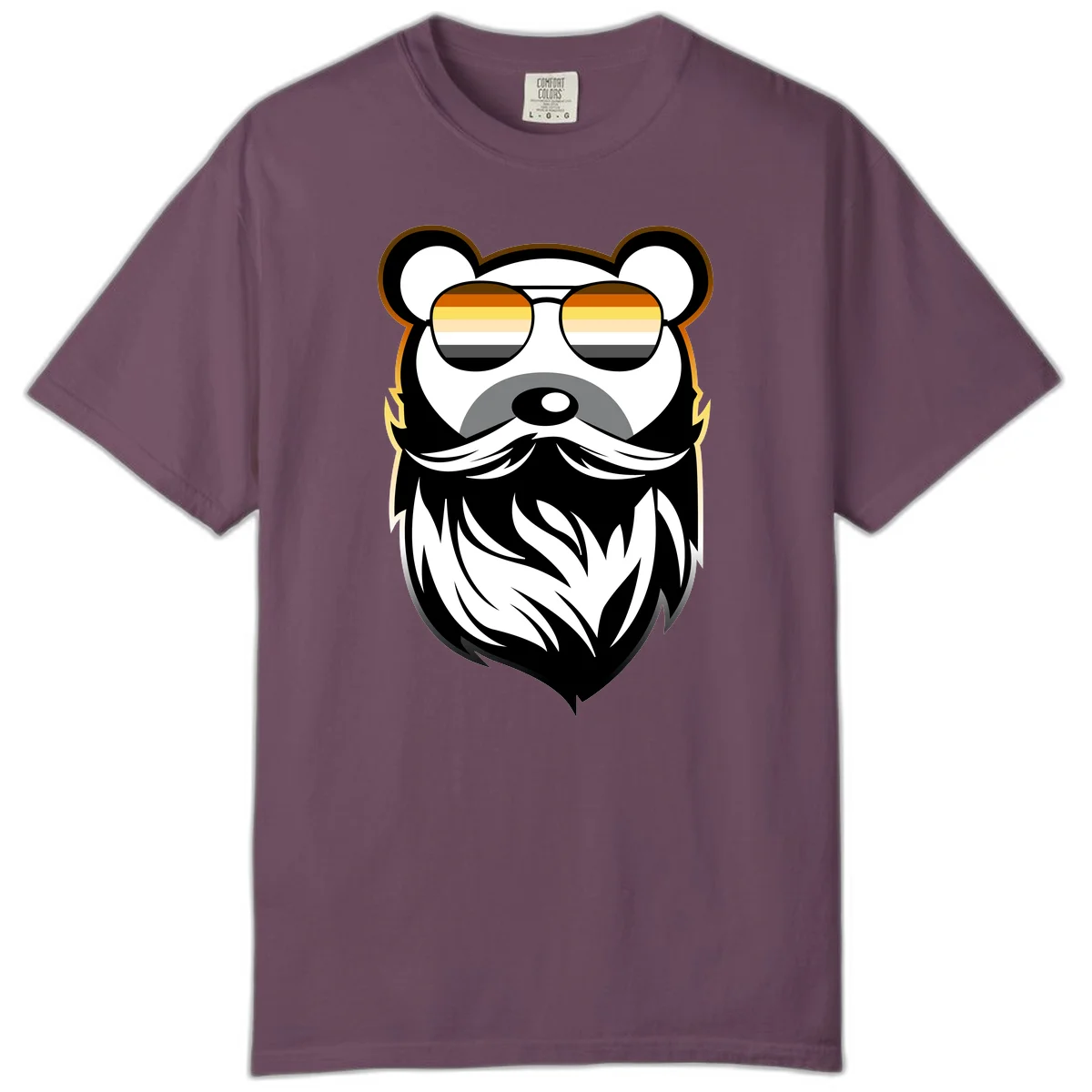 Bear pride sunglasses illustration: a bearded bear character wearing oversized shades filled with pride flag rainbow stripes in Berry