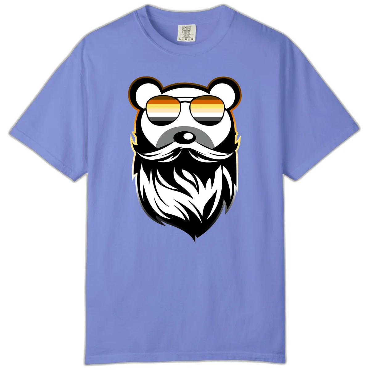Bear pride sunglasses illustration: a bearded bear character wearing oversized shades filled with pride flag rainbow stripes in Flo Blue