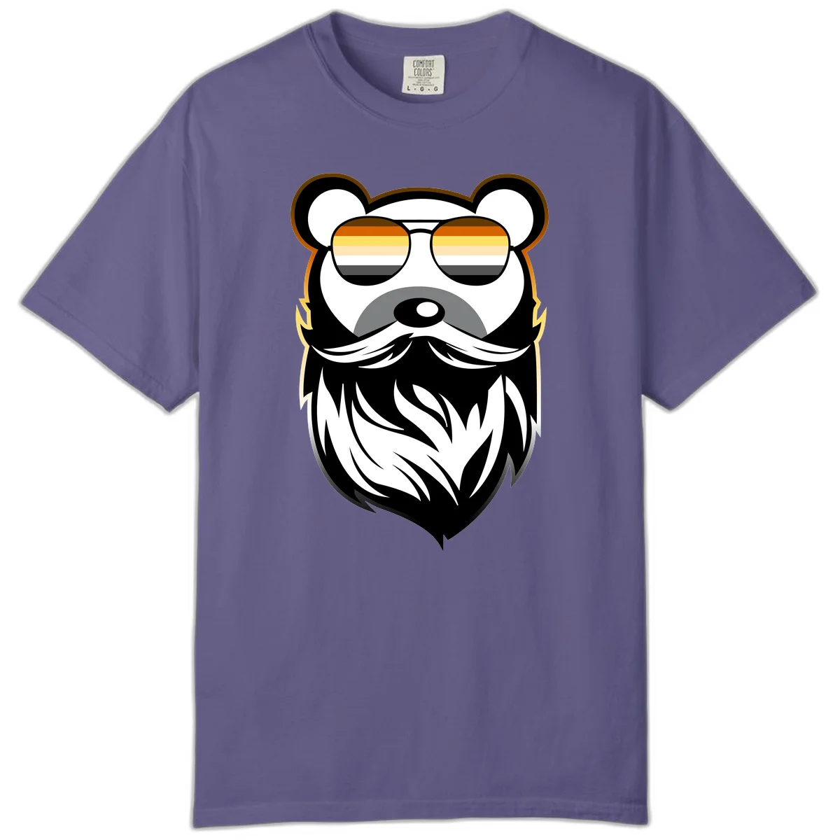 Bear pride sunglasses illustration: a bearded bear character wearing oversized shades filled with pride flag rainbow stripes in Grape