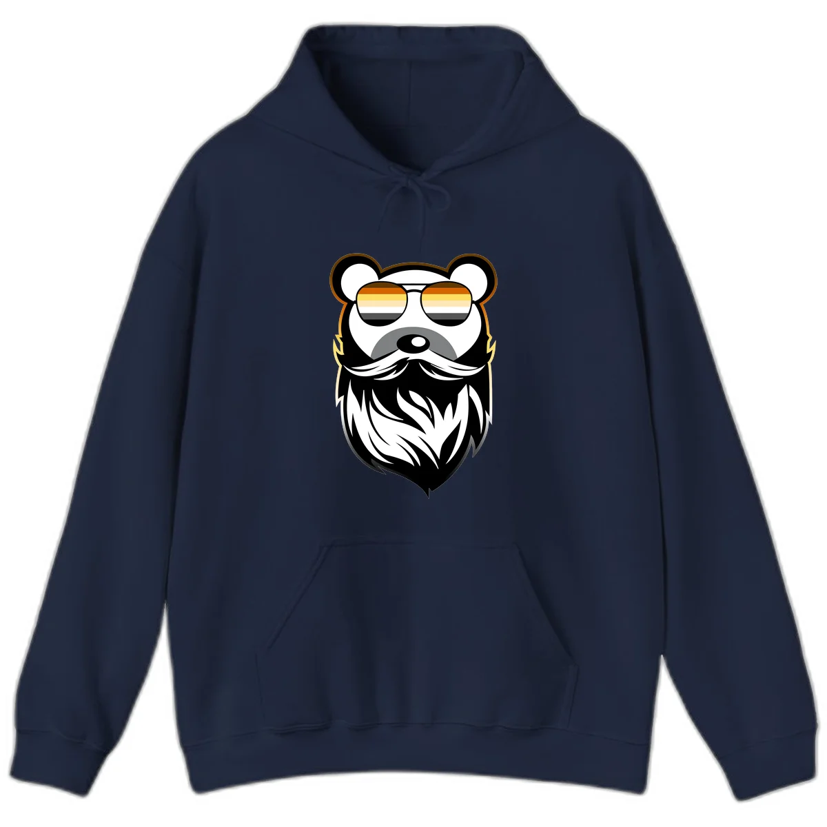 Bear pride sunglasses illustration: a bearded bear character wearing oversized shades filled with pride flag rainbow stripes in Navy