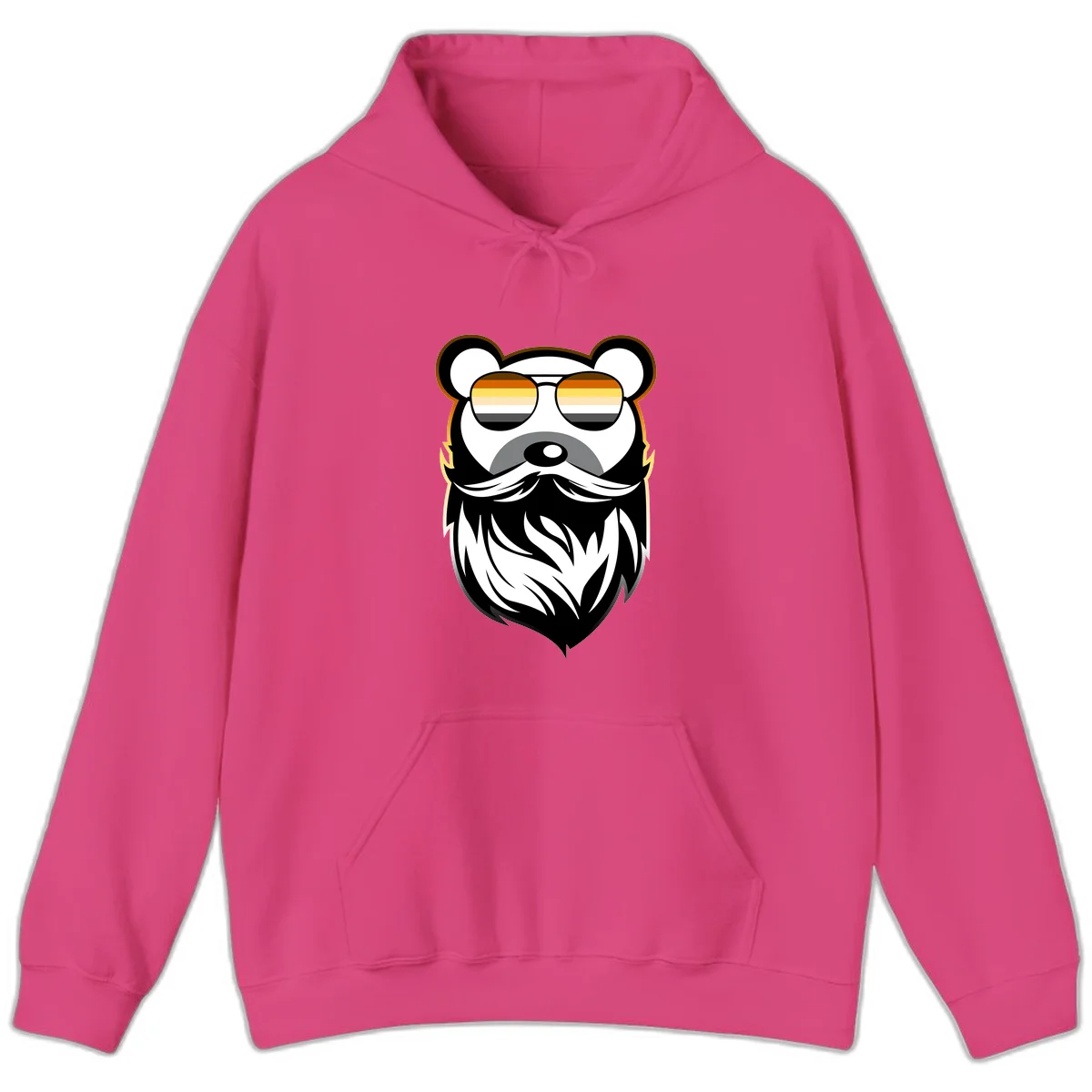 Bear pride sunglasses illustration: a bearded bear character wearing oversized shades filled with pride flag rainbow stripes in Heliconia