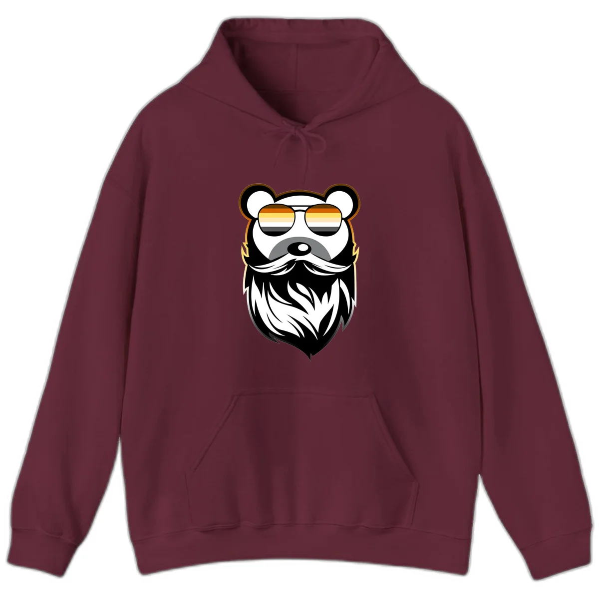 Bear pride sunglasses illustration: a bearded bear character wearing oversized shades filled with pride flag rainbow stripes in Maroon