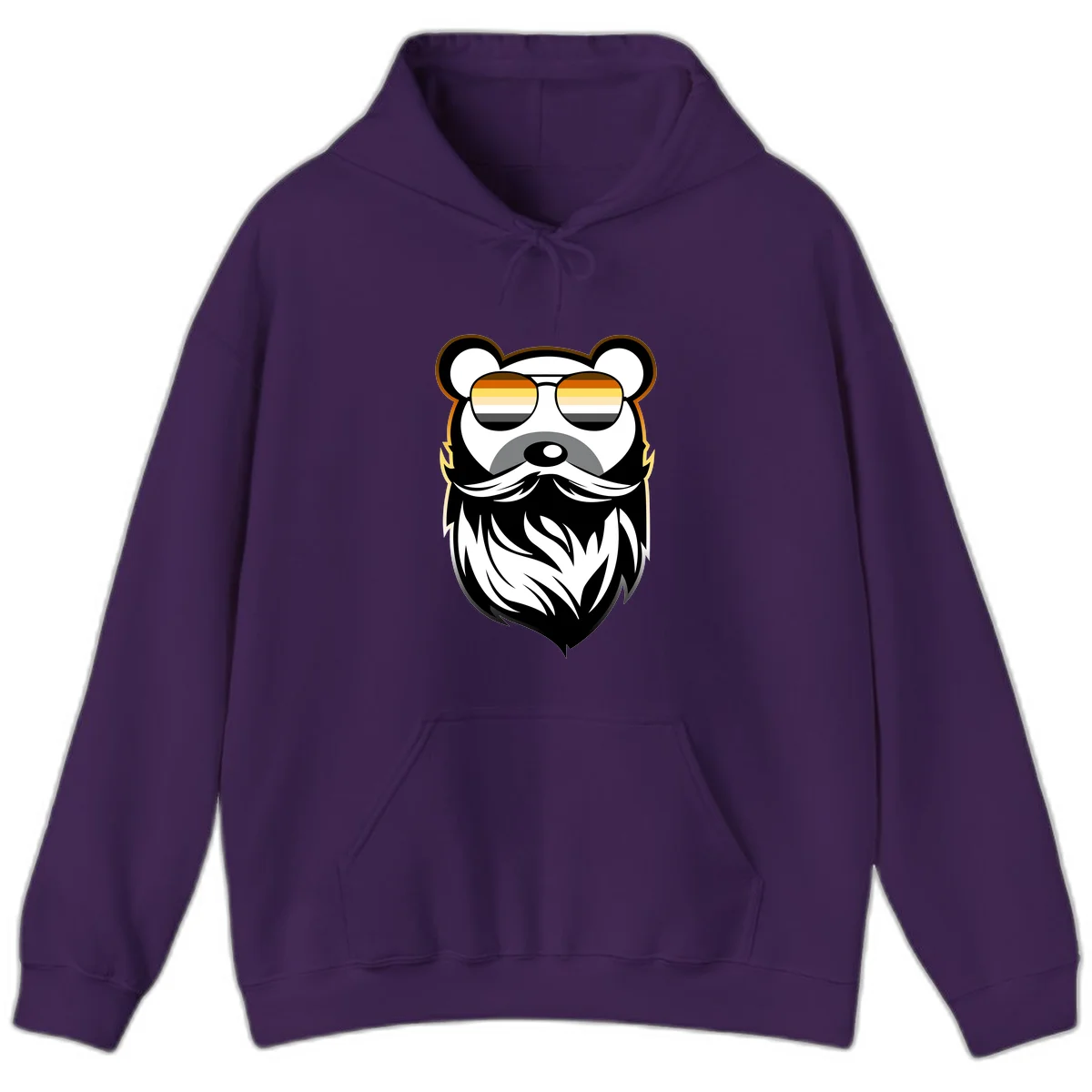 Bear pride sunglasses illustration: a bearded bear character wearing oversized shades filled with pride flag rainbow stripes in Purple