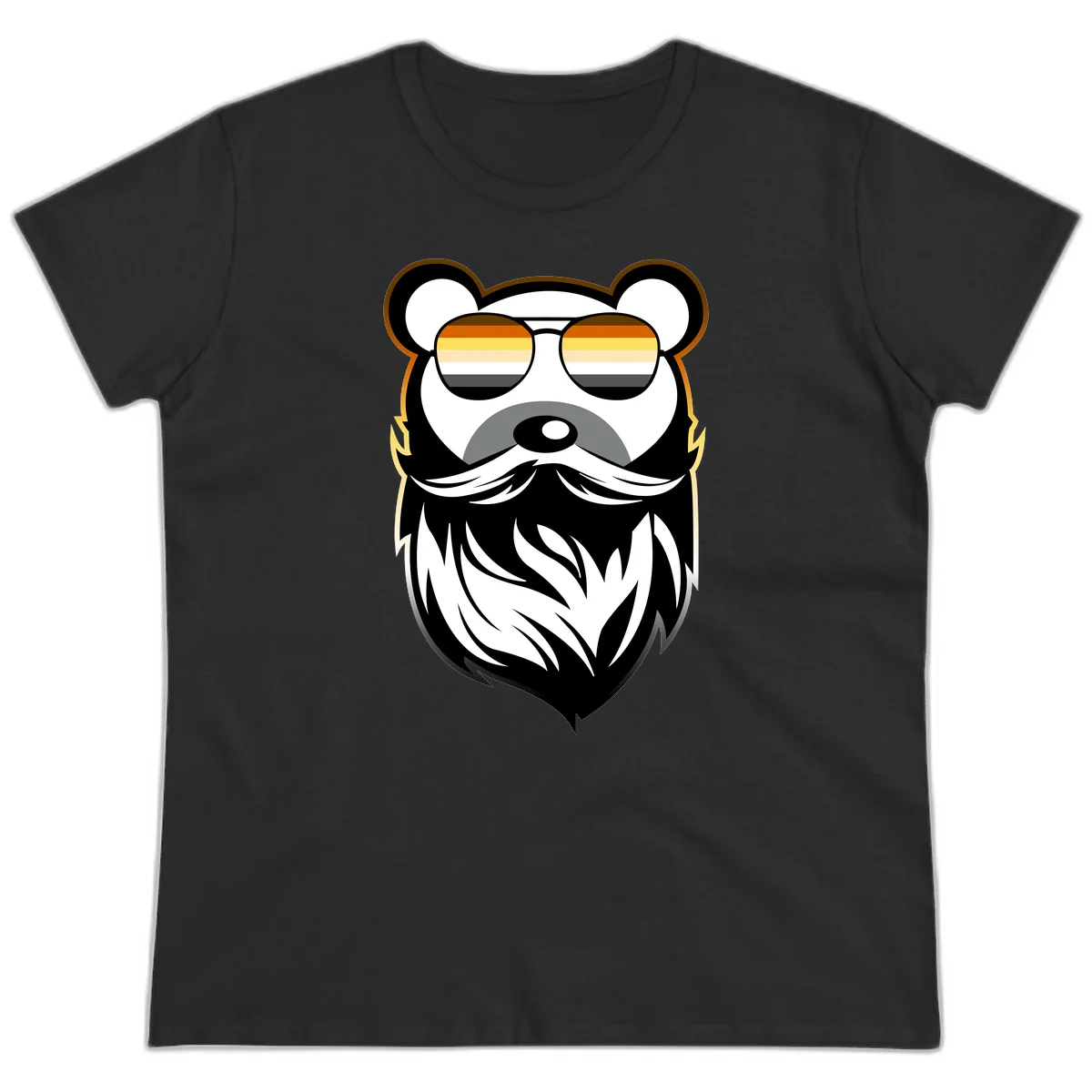 Bear pride sunglasses illustration: a bearded bear character wearing oversized shades filled with pride flag rainbow stripes in Black