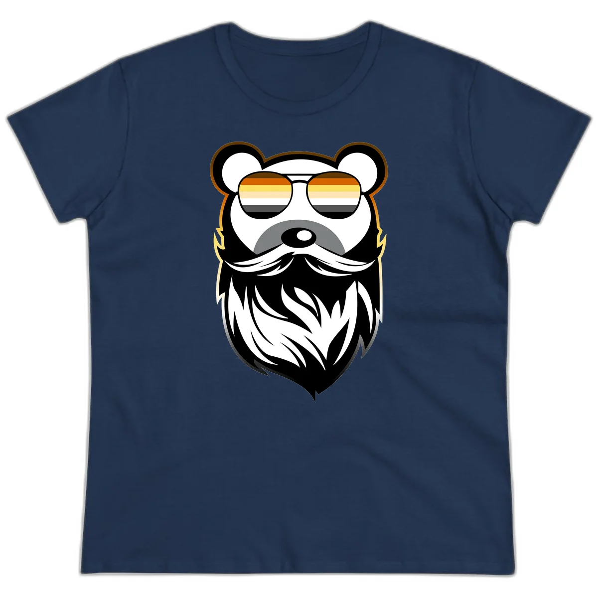 Bear pride sunglasses illustration: a bearded bear character wearing oversized shades filled with pride flag rainbow stripes in Navy