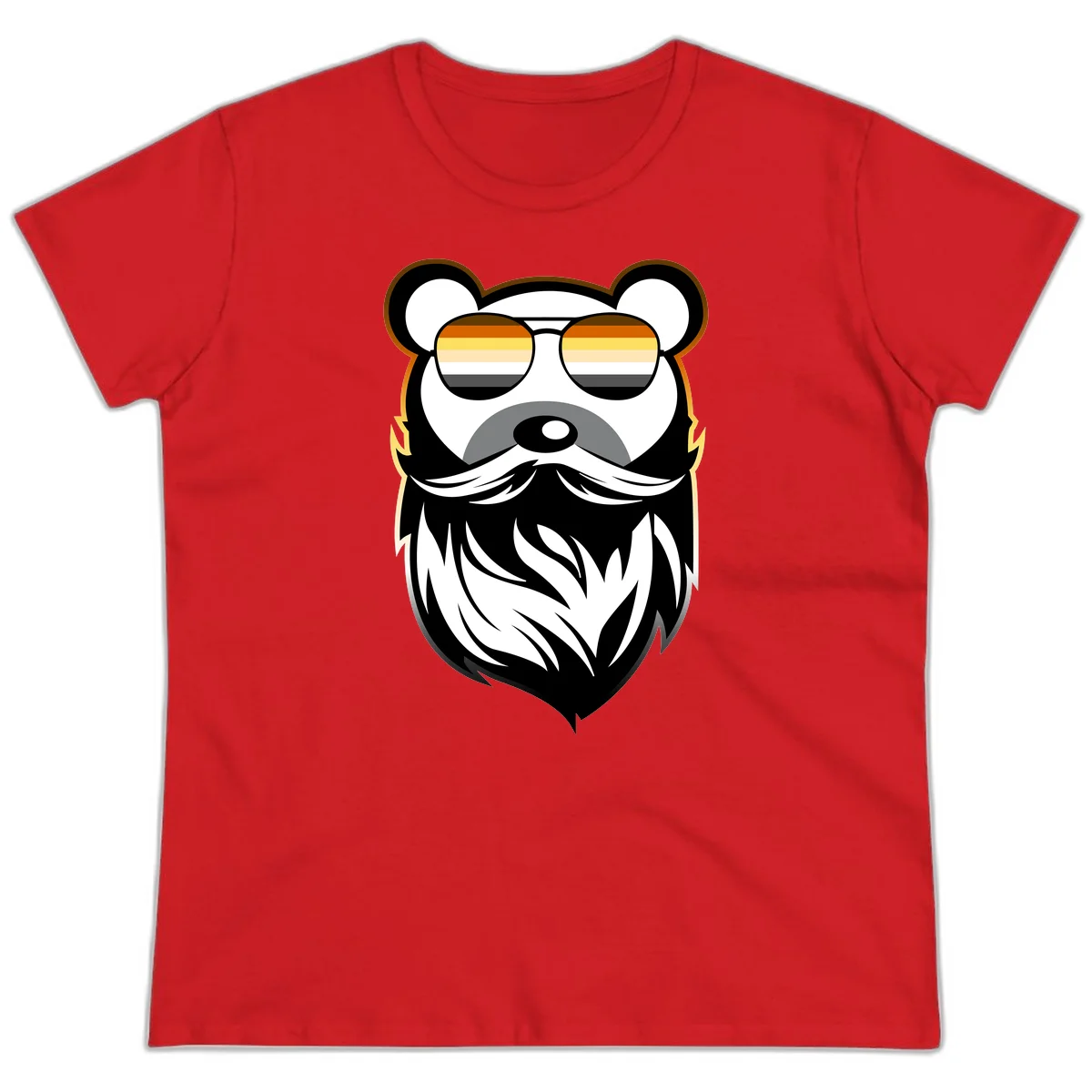 Bear pride sunglasses illustration: a bearded bear character wearing oversized shades filled with pride flag rainbow stripes in Red