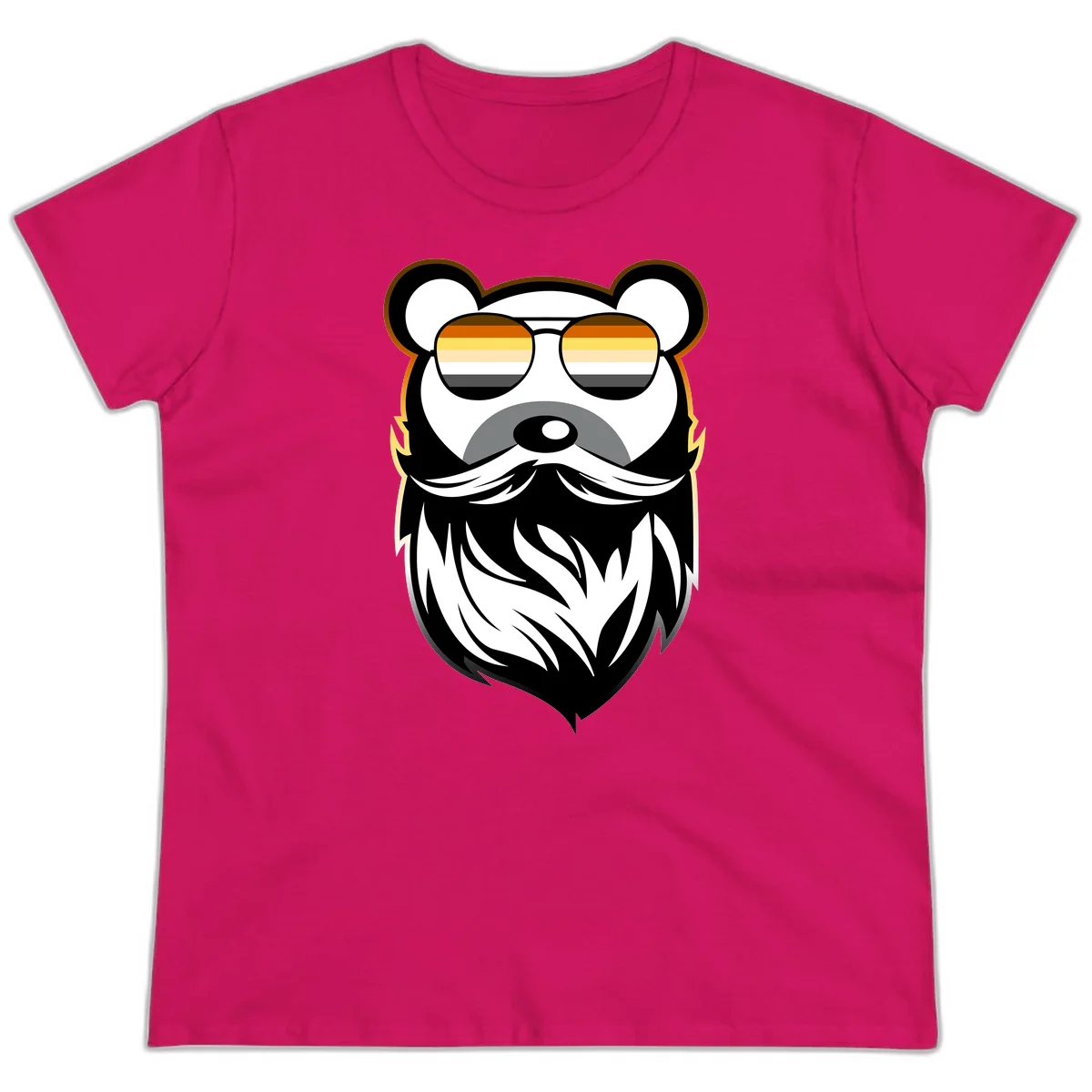 Bear pride sunglasses illustration: a bearded bear character wearing oversized shades filled with pride flag rainbow stripes in Heliconia