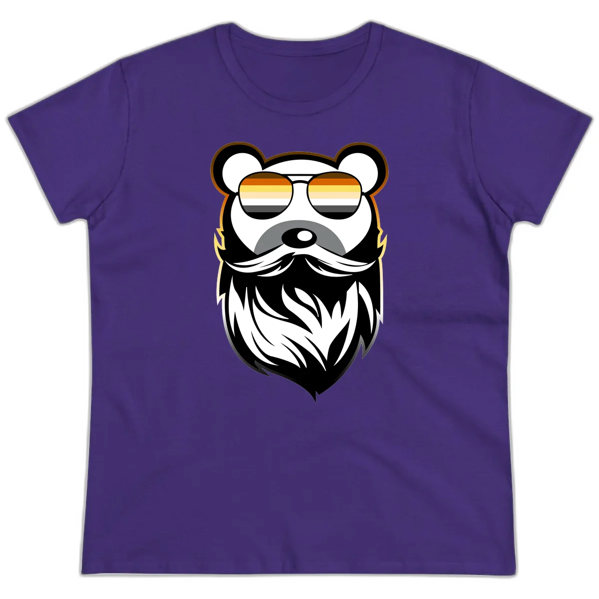 Bear pride sunglasses illustration: a bearded bear character wearing oversized shades filled with pride flag rainbow stripes in Purple