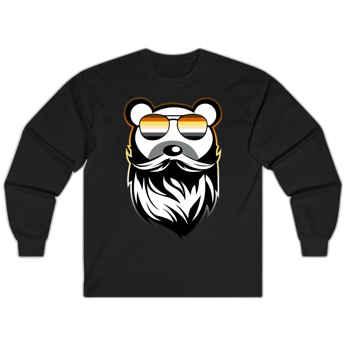 Bear pride sunglasses illustration: a bearded bear character wearing oversized shades filled with pride flag rainbow stripes in Black