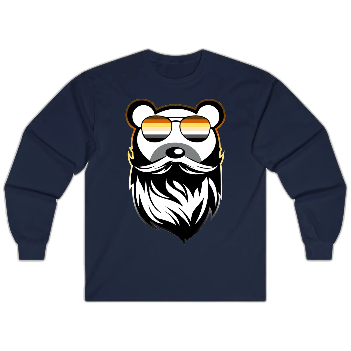 Bear pride sunglasses illustration: a bearded bear character wearing oversized shades filled with pride flag rainbow stripes in Navy