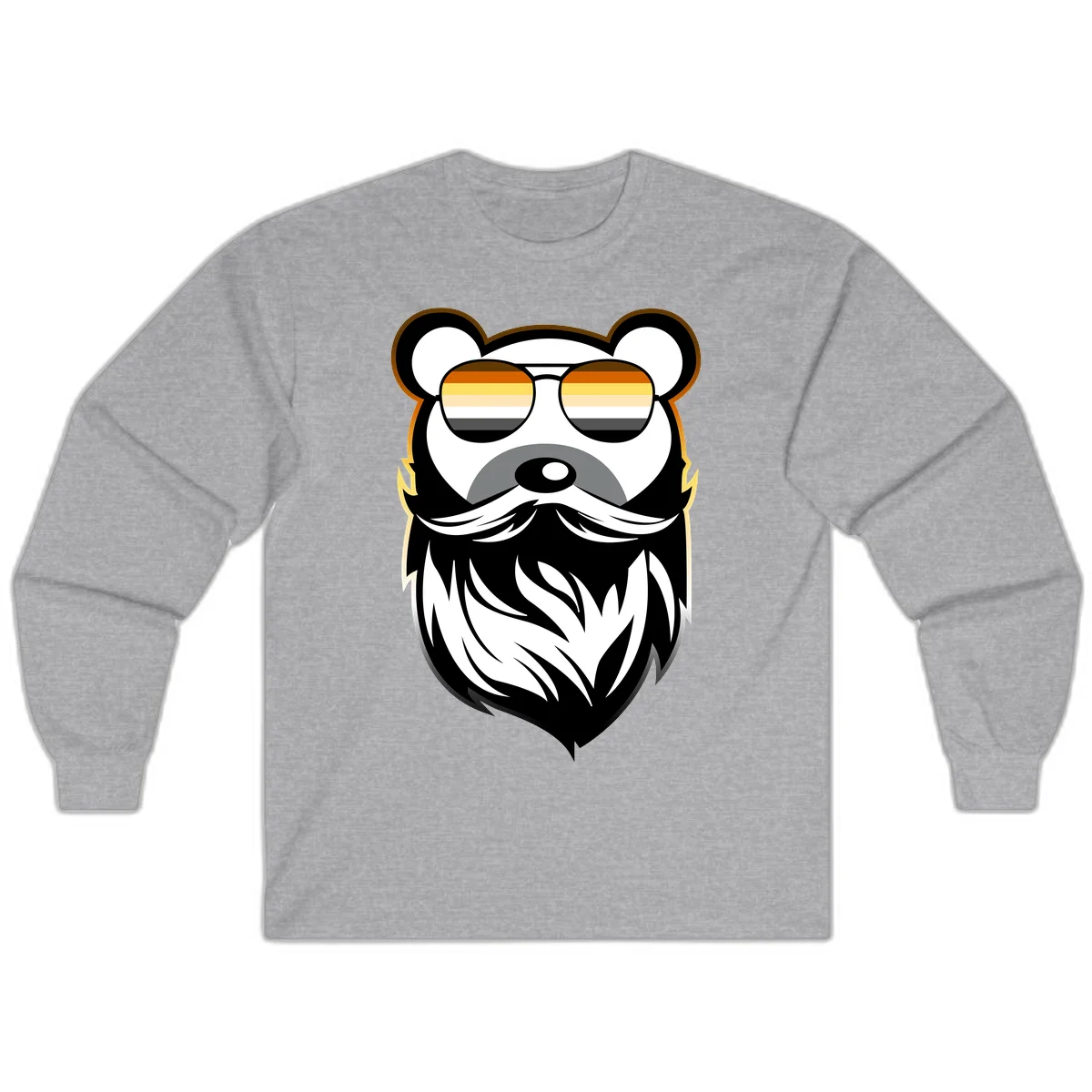 Bear pride sunglasses illustration: a bearded bear character wearing oversized shades filled with pride flag rainbow stripes in Sport Grey