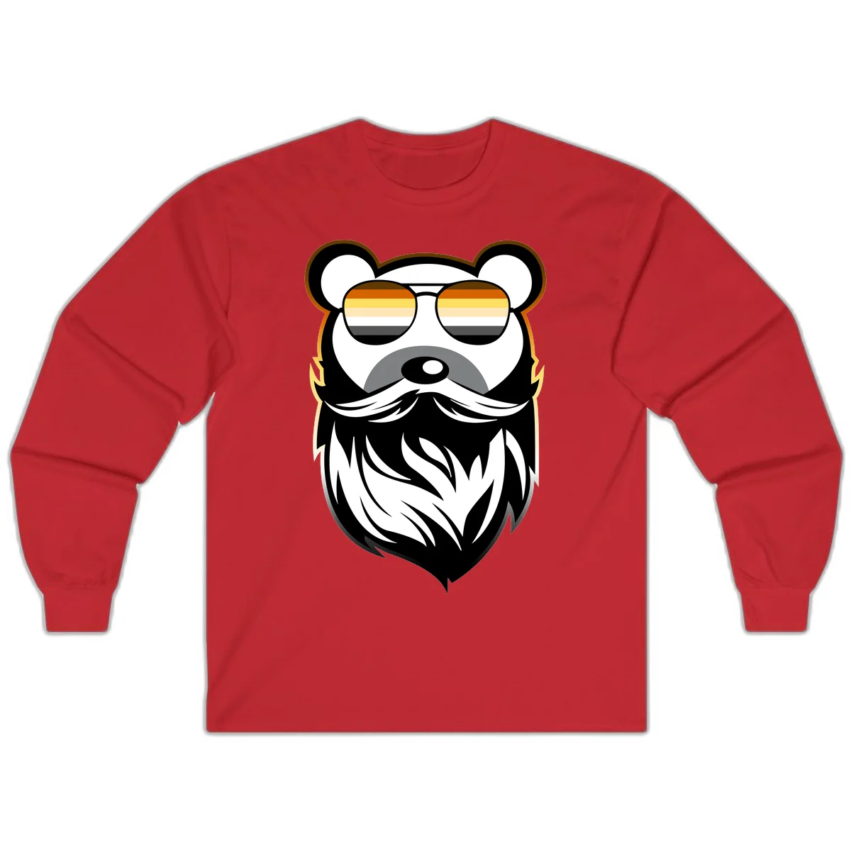 Bear pride sunglasses illustration: a bearded bear character wearing oversized shades filled with pride flag rainbow stripes in Red