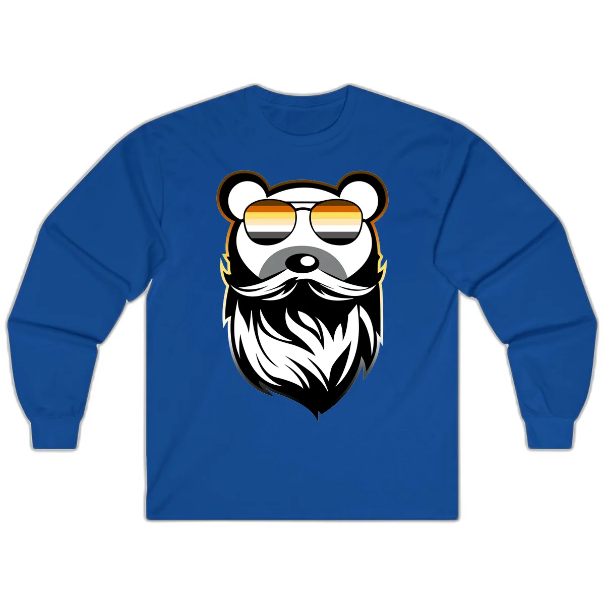 Bear pride sunglasses illustration: a bearded bear character wearing oversized shades filled with pride flag rainbow stripes in Royal