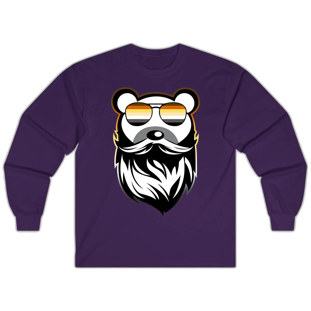 Bear pride sunglasses illustration: a bearded bear character wearing oversized shades filled with pride flag rainbow stripes in Purple