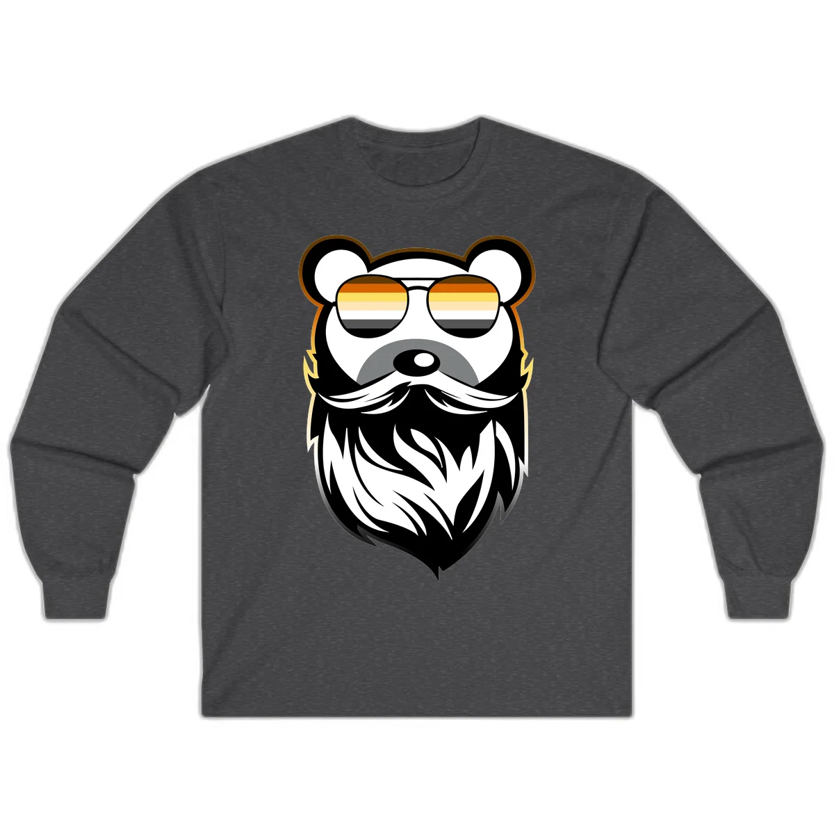 Bear pride sunglasses illustration: a bearded bear character wearing oversized shades filled with pride flag rainbow stripes in Dark Heather