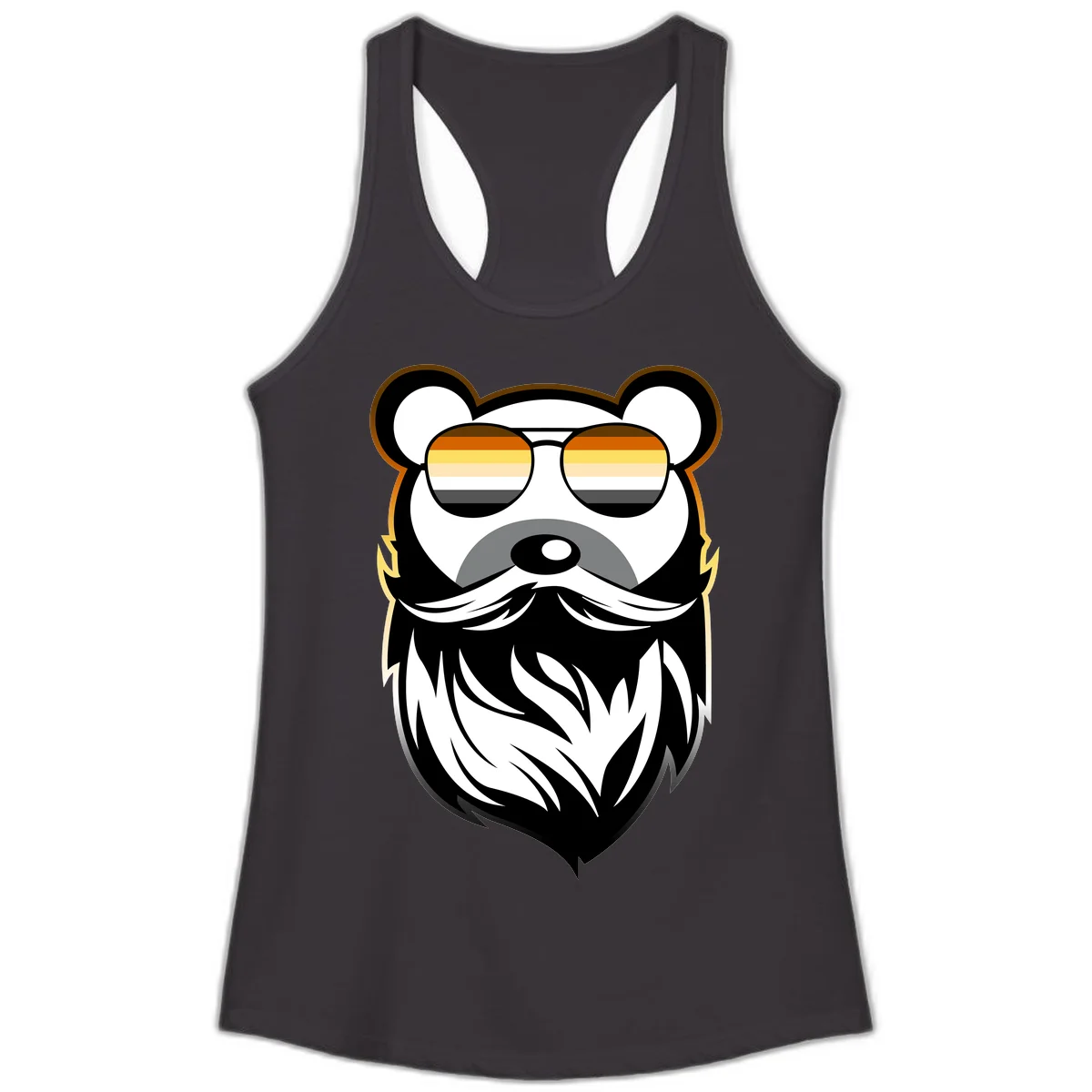 Bear pride sunglasses illustration: a bearded bear character wearing oversized shades filled with pride flag rainbow stripes in Black