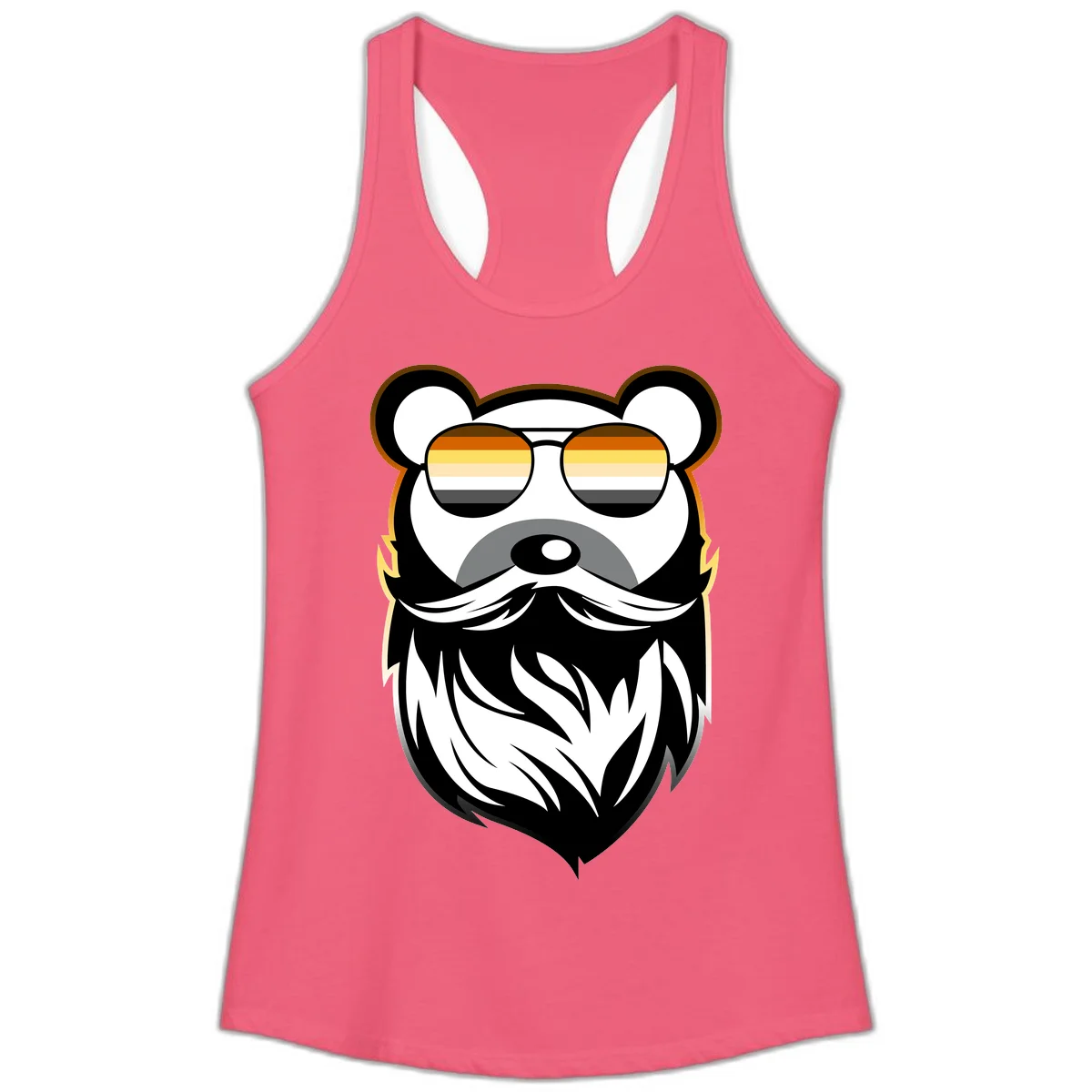 Bear pride sunglasses illustration: a bearded bear character wearing oversized shades filled with pride flag rainbow stripes in Hot Pink