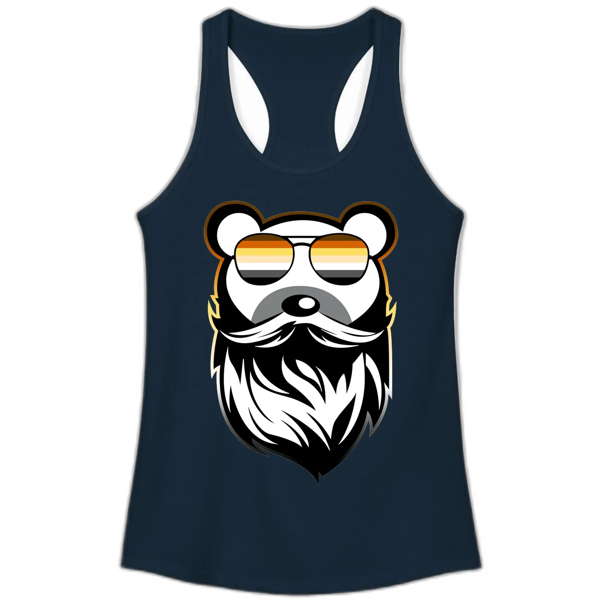 Bear pride sunglasses illustration: a bearded bear character wearing oversized shades filled with pride flag rainbow stripes in Solid Midnight Navy